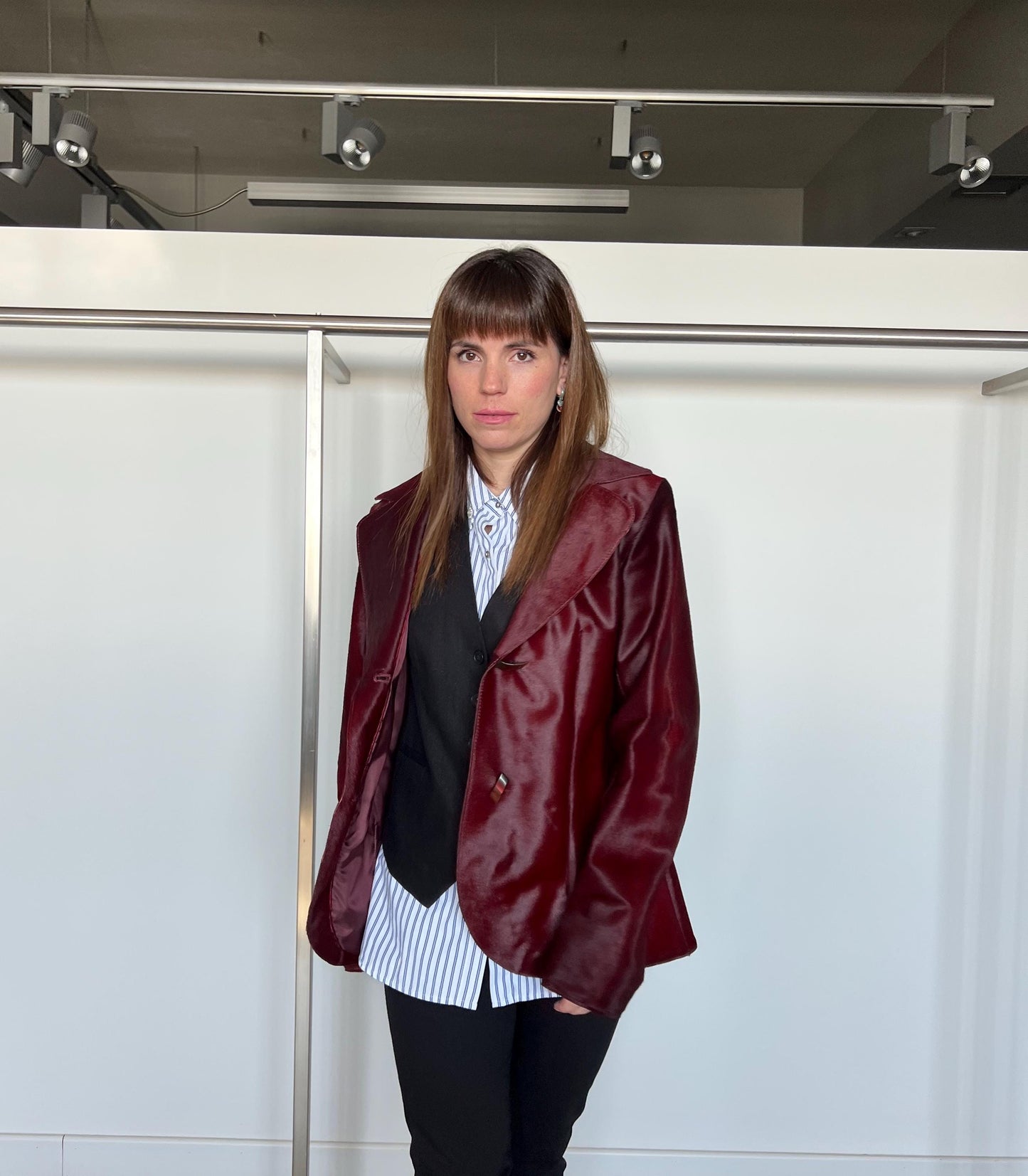 Genuine Cherry Hair-on Hide Leather Coat - Calf Cavallino Jacket