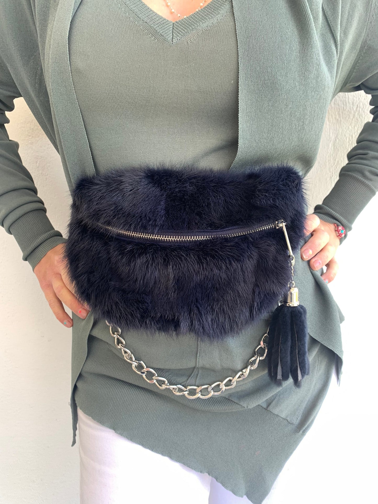 Navy Mink Fur Bumbag with Chain Tassel: Luxury Fanny Pack