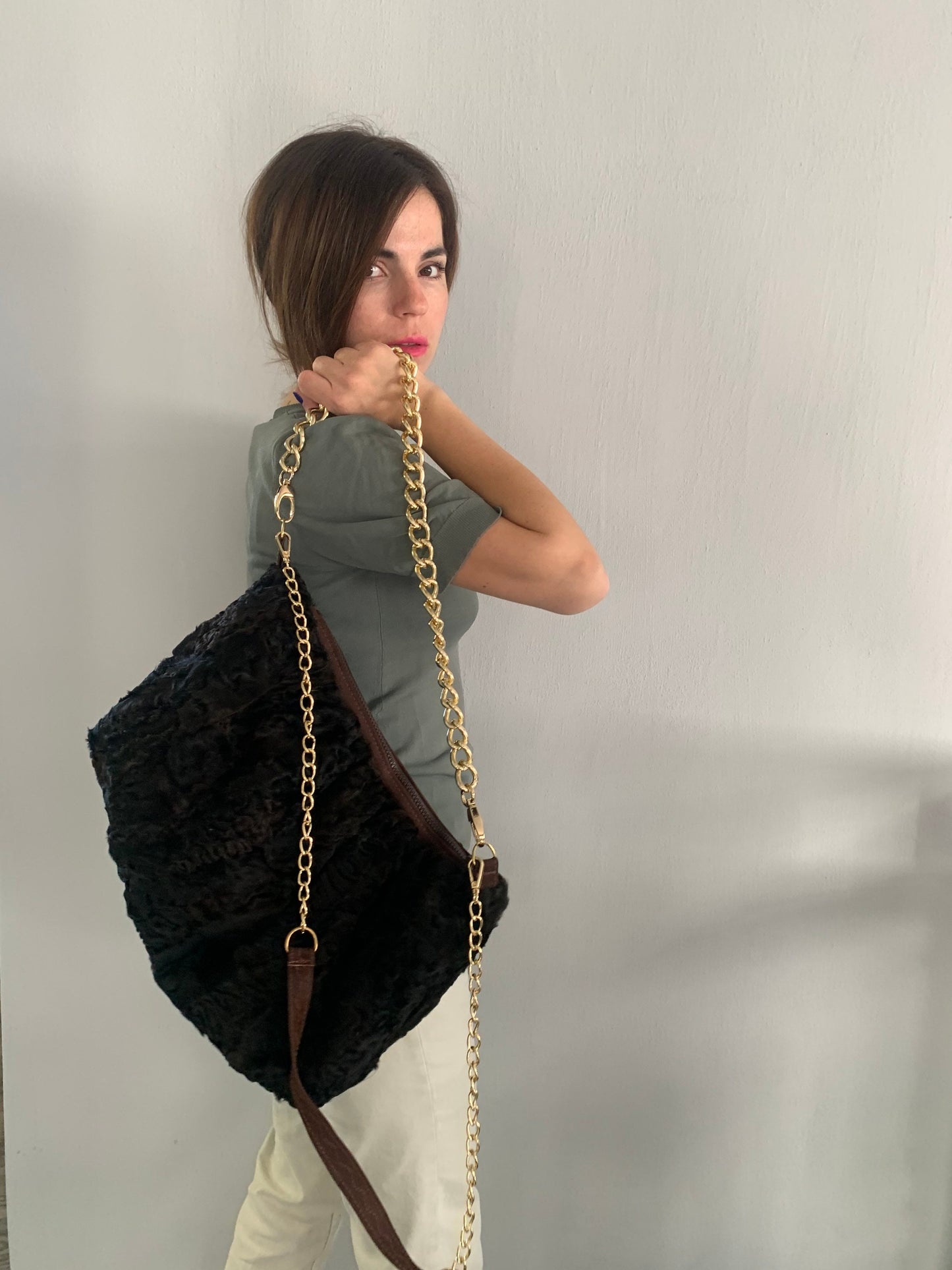 Lamb Fur Slouchy Shoulder Bag: Brown Cloud Pouch with Bronze Straps