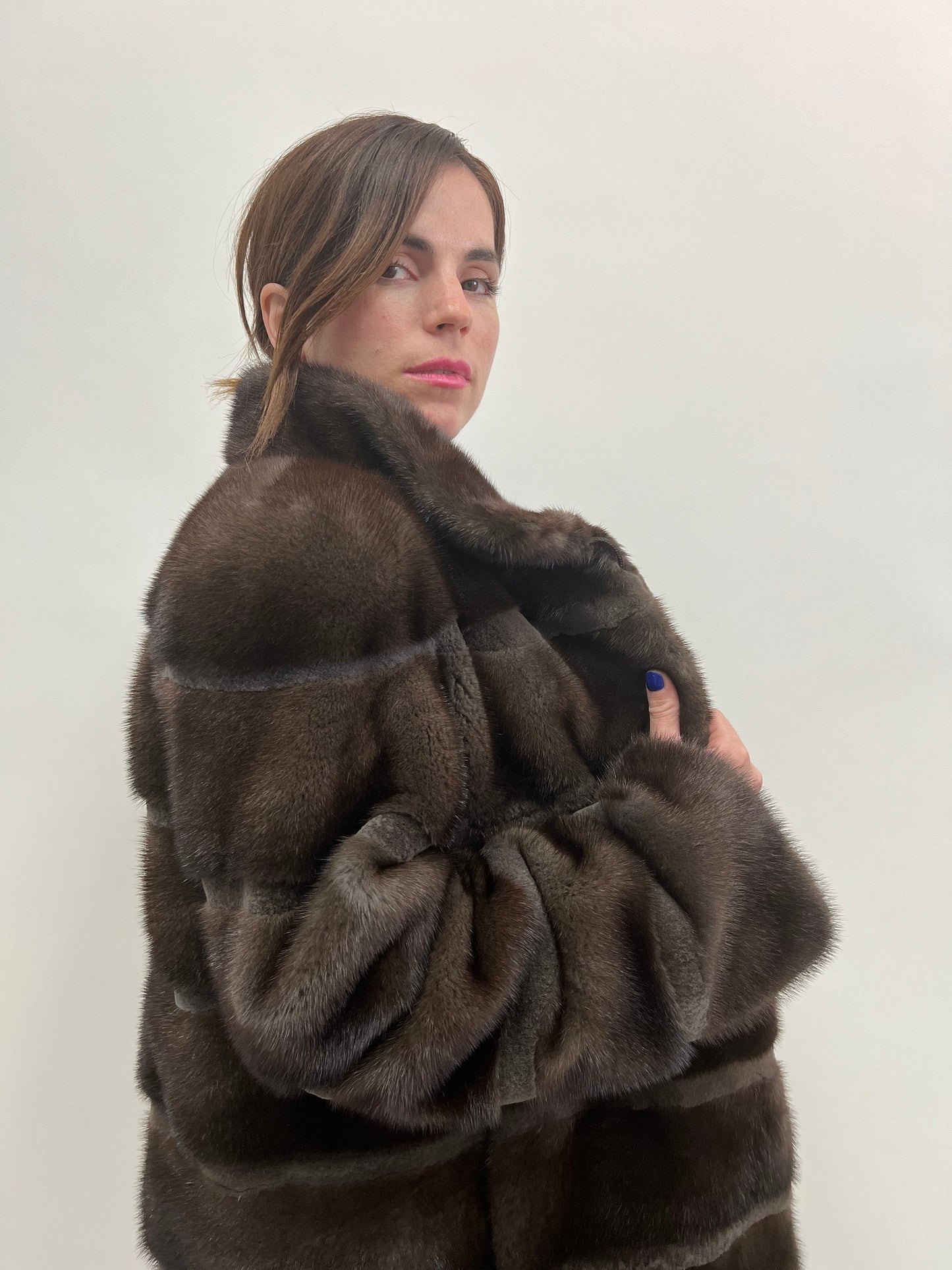 Brown Mink Fur Coat, Saga Sheared Trim, Handmade in Greece