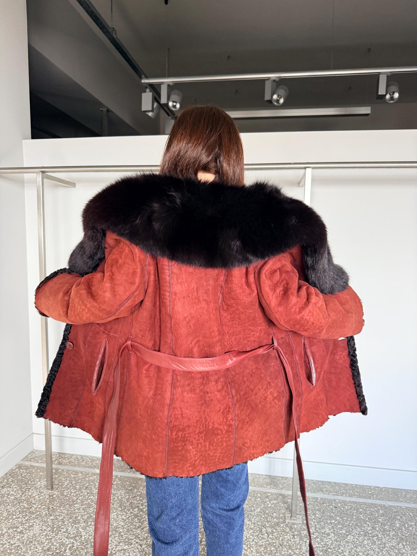 Reversible Shearling Suede Jacket with Fox Collar, Leather Belt, Made in Greece