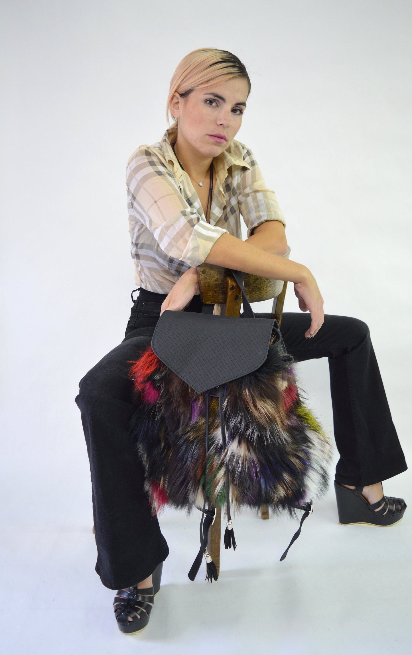Real Fox Fur Leather Backpack: Handmade Rucksack Laptop Bag