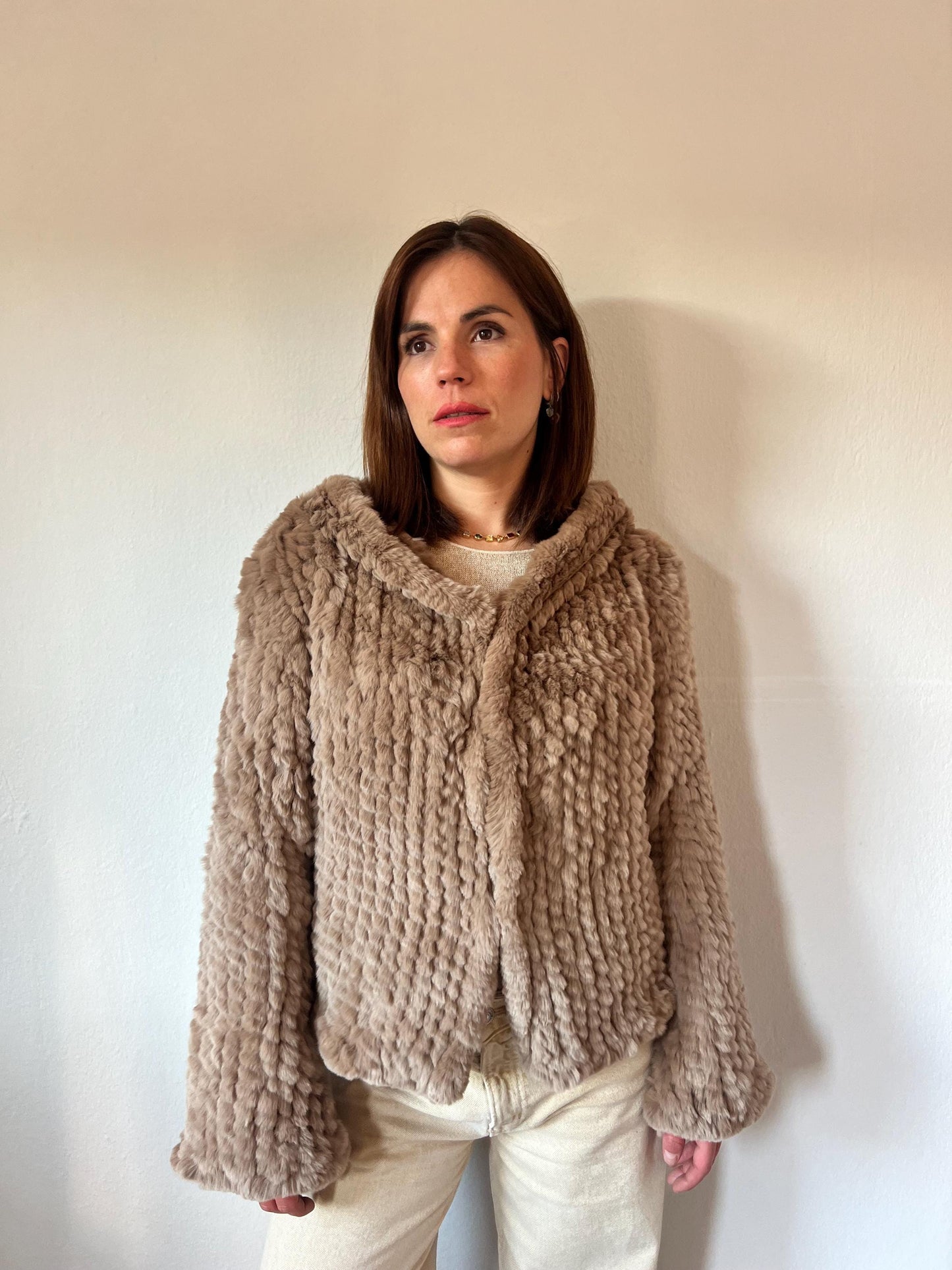 Handwoven Taupe Rabbit Fur Hooded Jacket - Frogs Closure