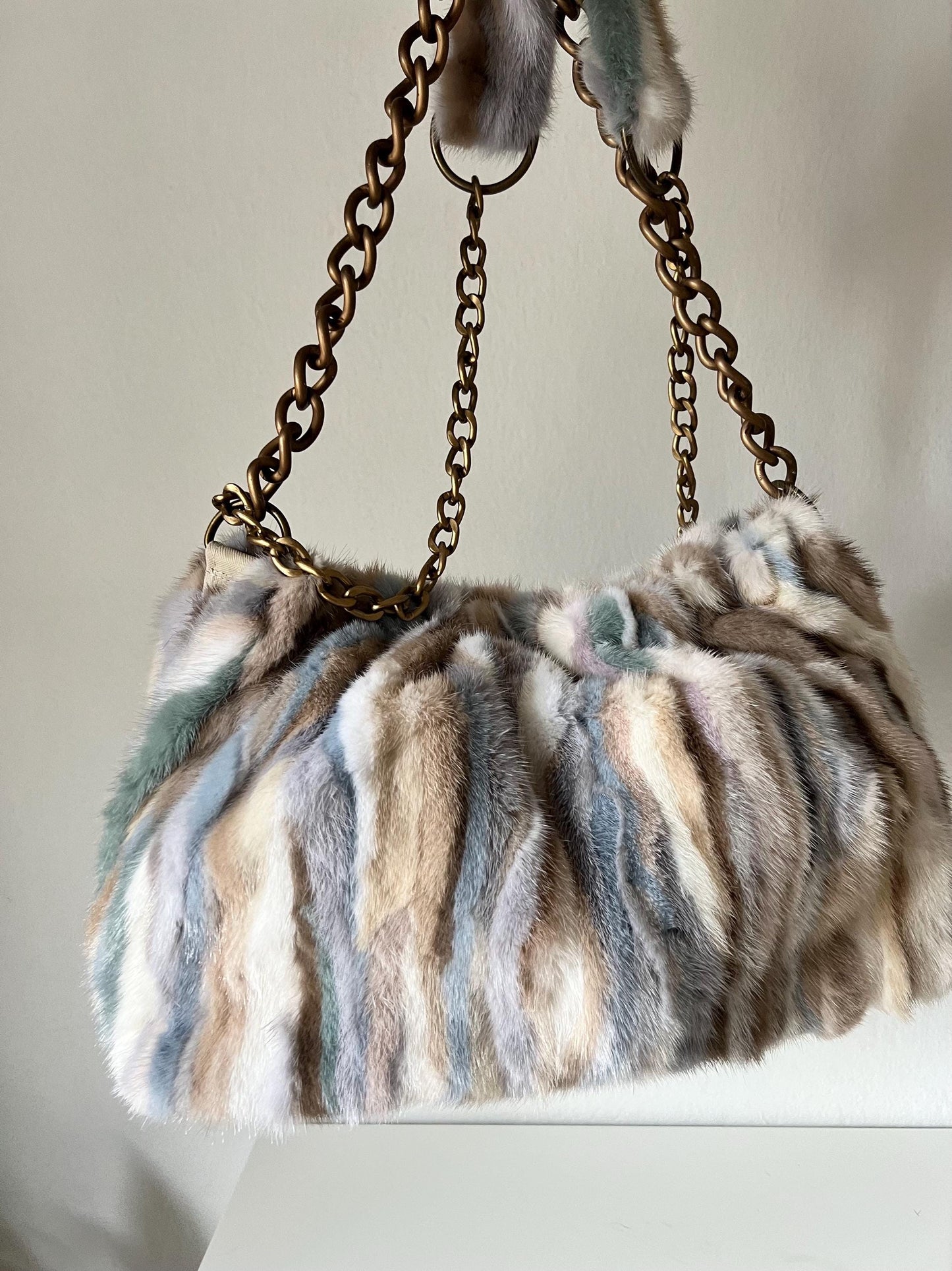 Multicolor Mink Fur Pouch Bag: Slouchy Shoulder Bag with Bronze Straps