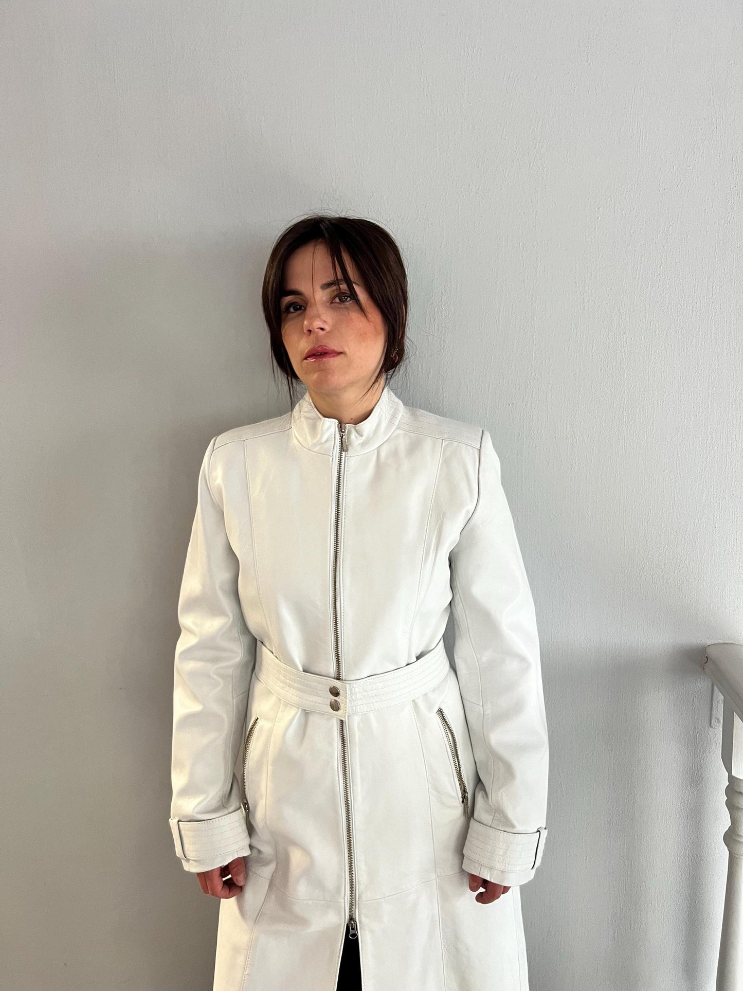 White Nappa Lambskin Leather Coat - Handmade Belted Zip Front
