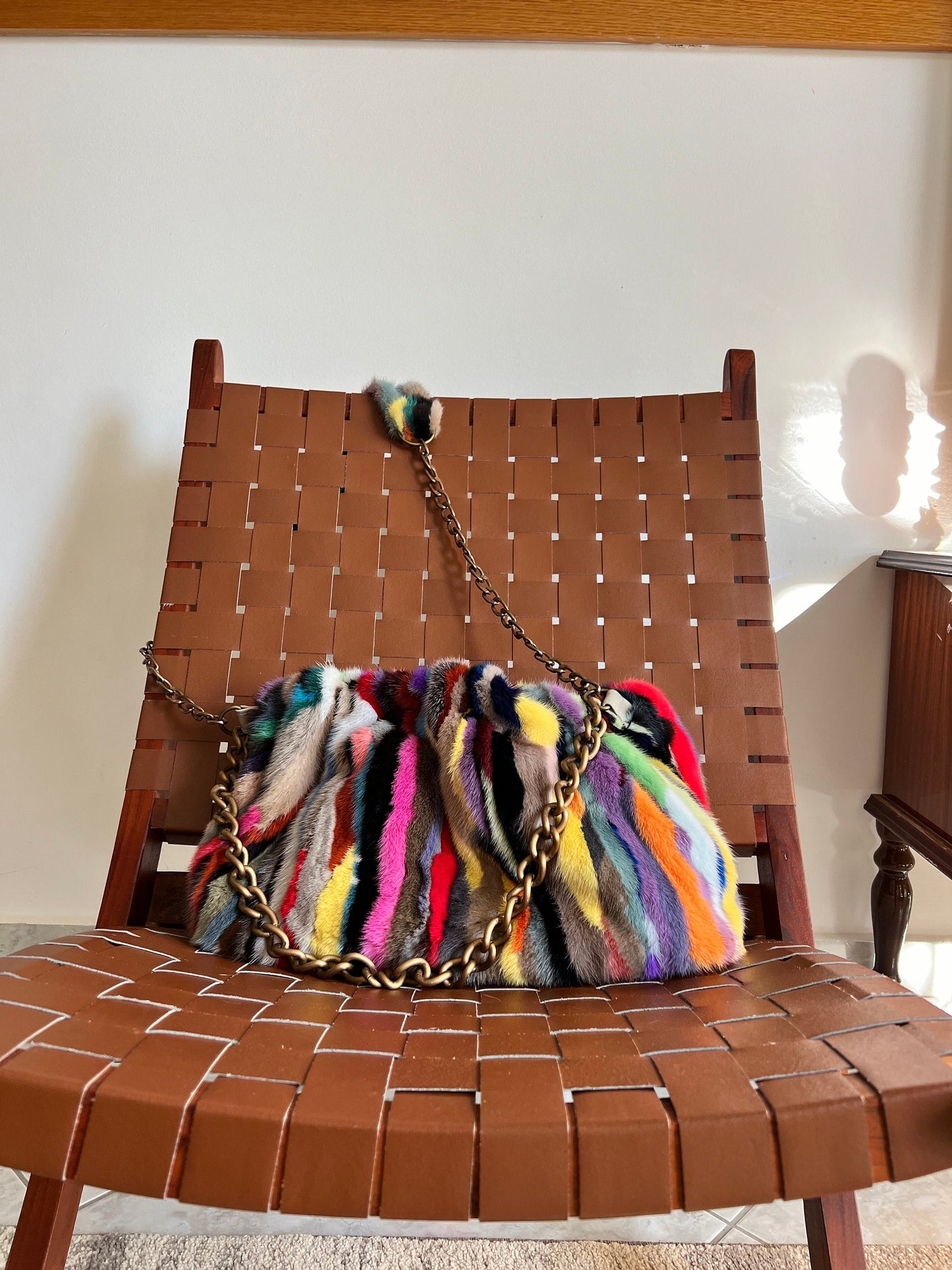 Handmade Multicolored Mink Fur Shoulder Bag with Bronze Straps