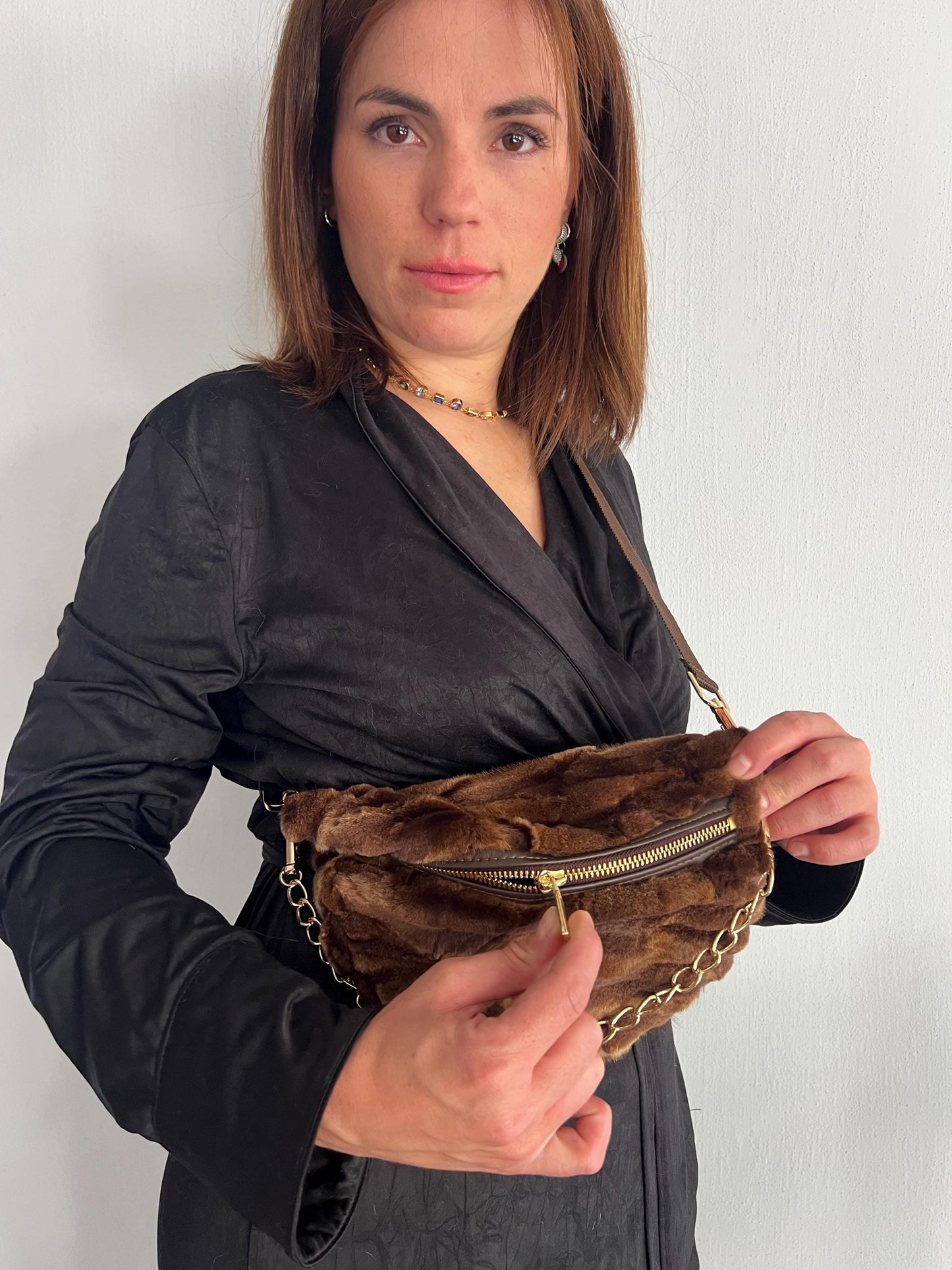 Sheared Mink Fur Bumbag: Beige Marble Fanny Pack with Chain