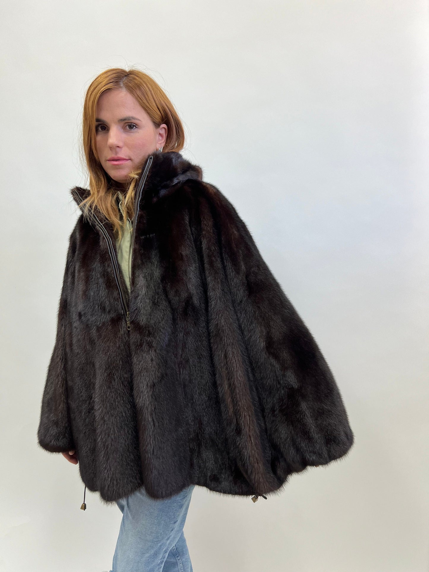 Mahogany Mink Fur Hooded Cape: Luxury Poncho with Pockets