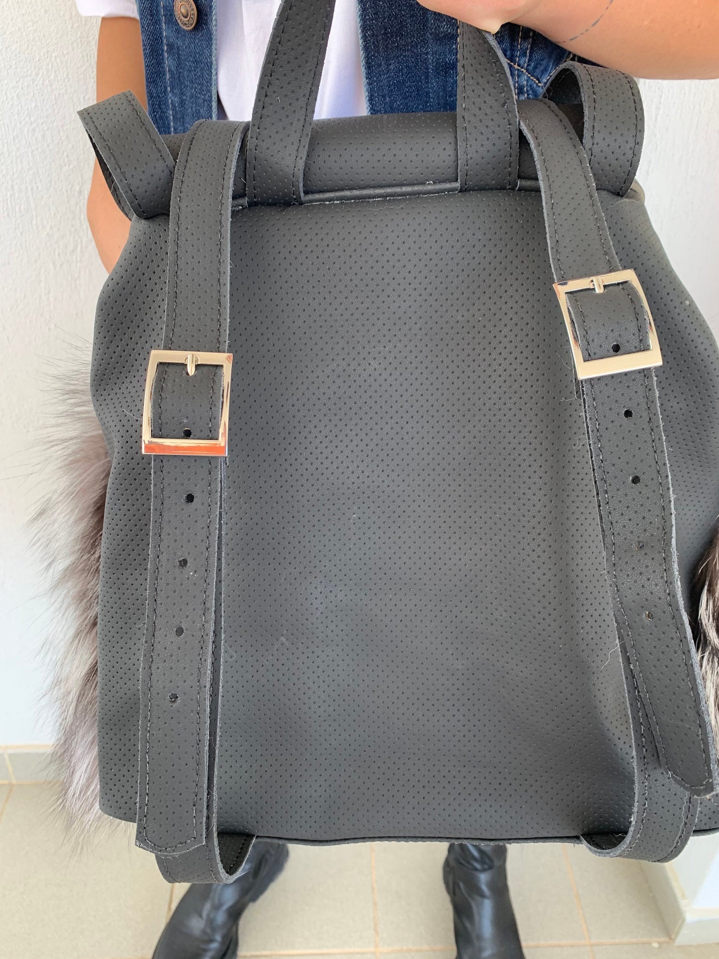 Real Leather & Silver Fox Fur Backpack: Adjustable Straps