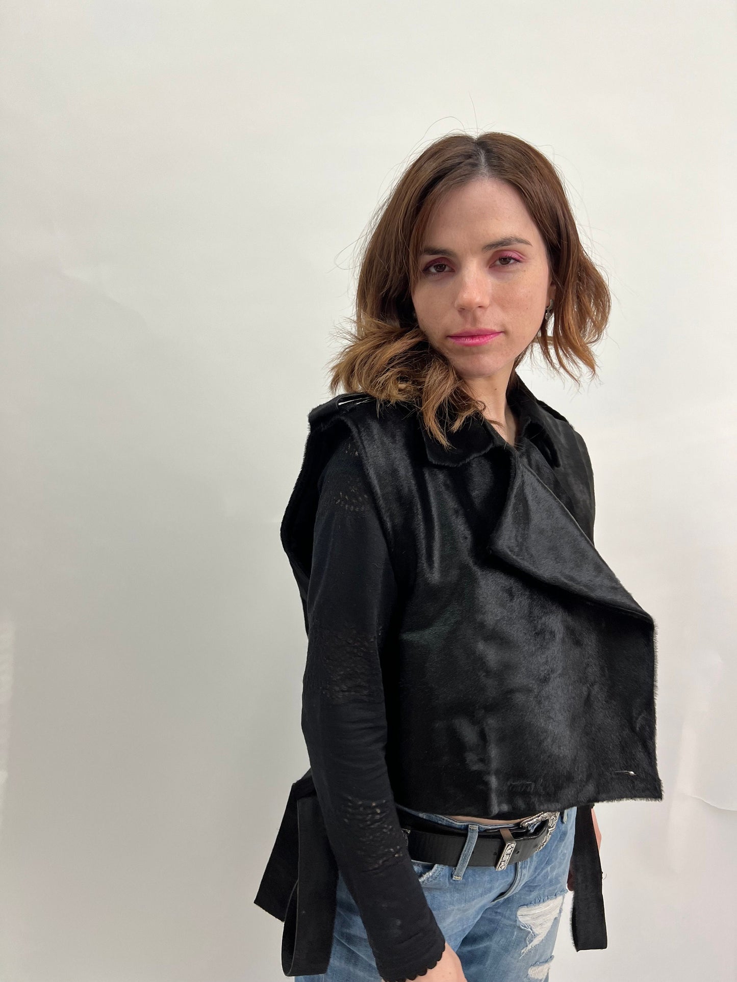 Hair-On Hide Leather Vest: Genuine Cavallino Fur, Belted Utility Vest