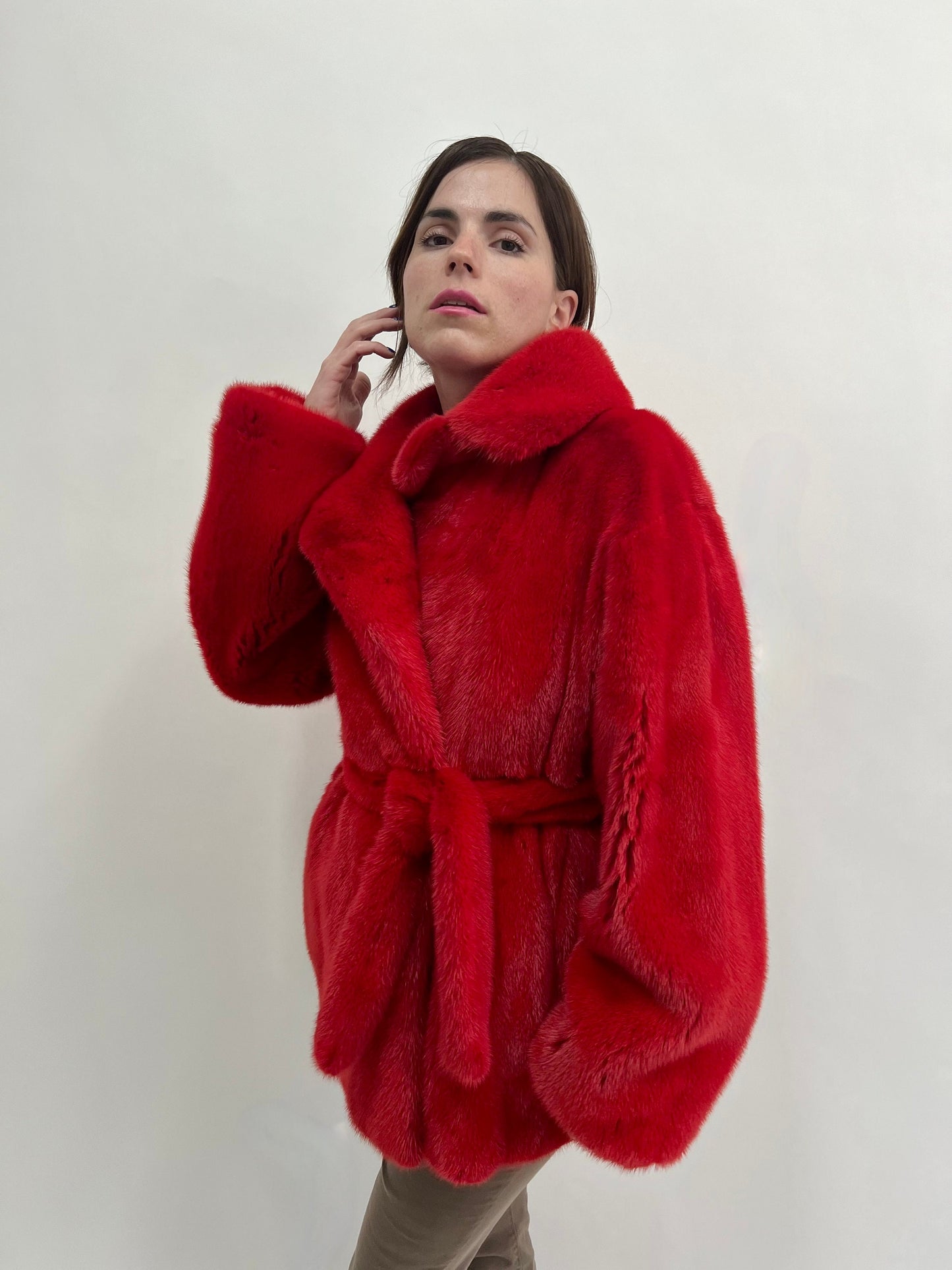 Fire Red Mink Fur Coat: Saga Quality Belted Jacket