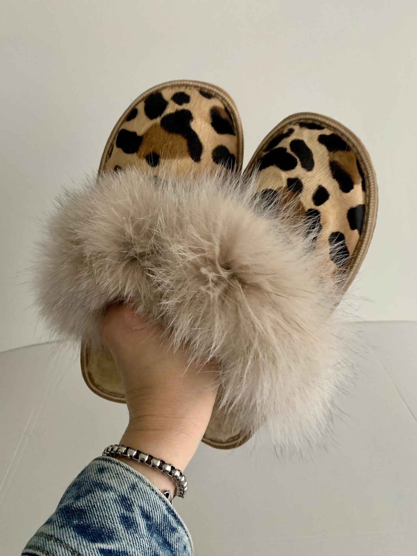 Genuine shearling slippers for women cowhide fur print with fox fur trim,  with foam sole fur slippers. Lightweight mouton fur.