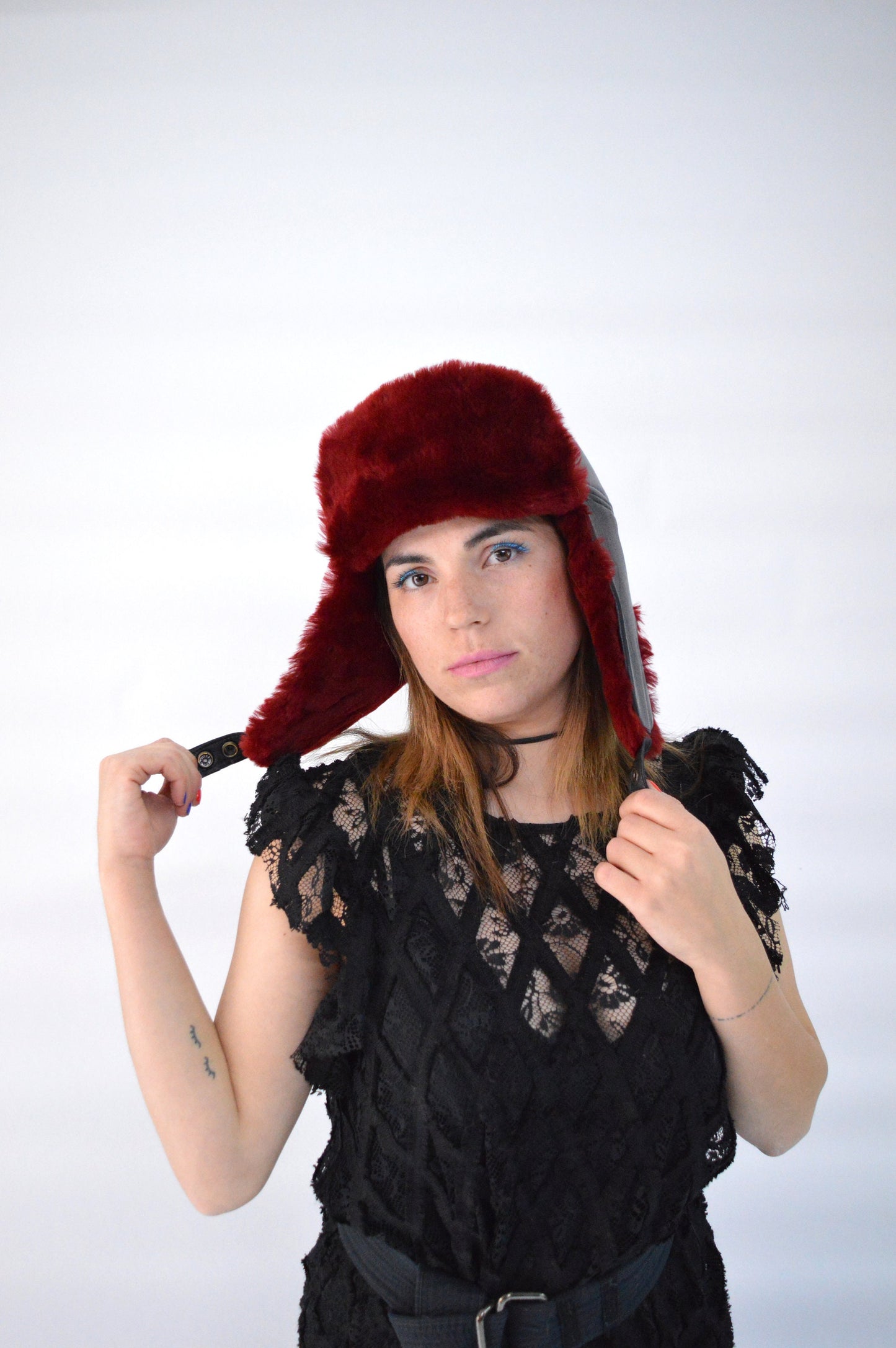Shearling Fur Trapper Hat: Cream & Bordeaux Sheepskin Aviator Style