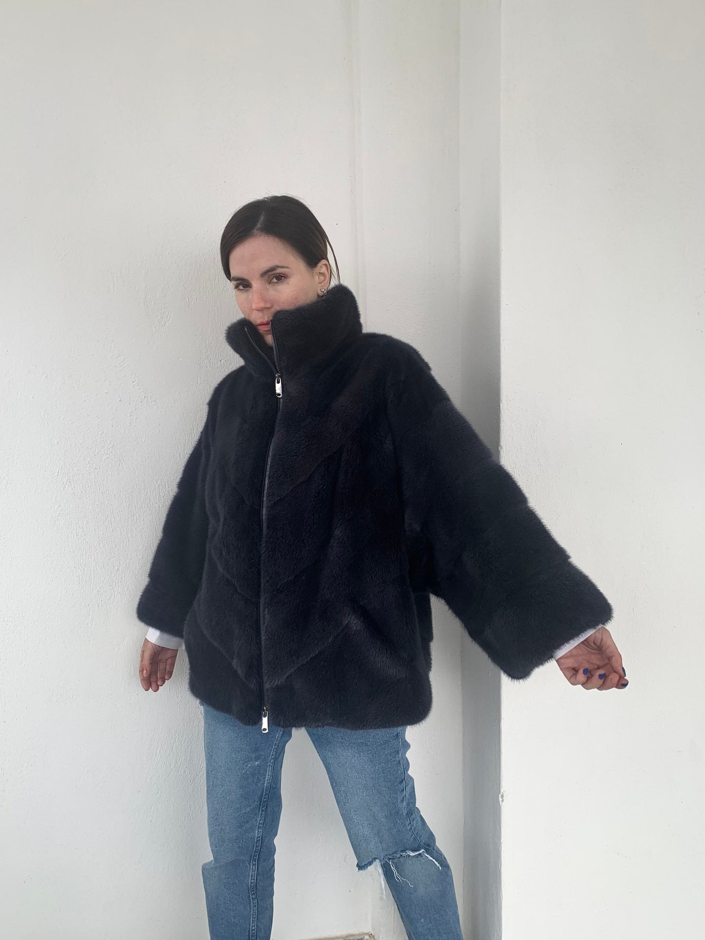 Denim Blue Mink Fur Cape: Handmade Oversized Jacket