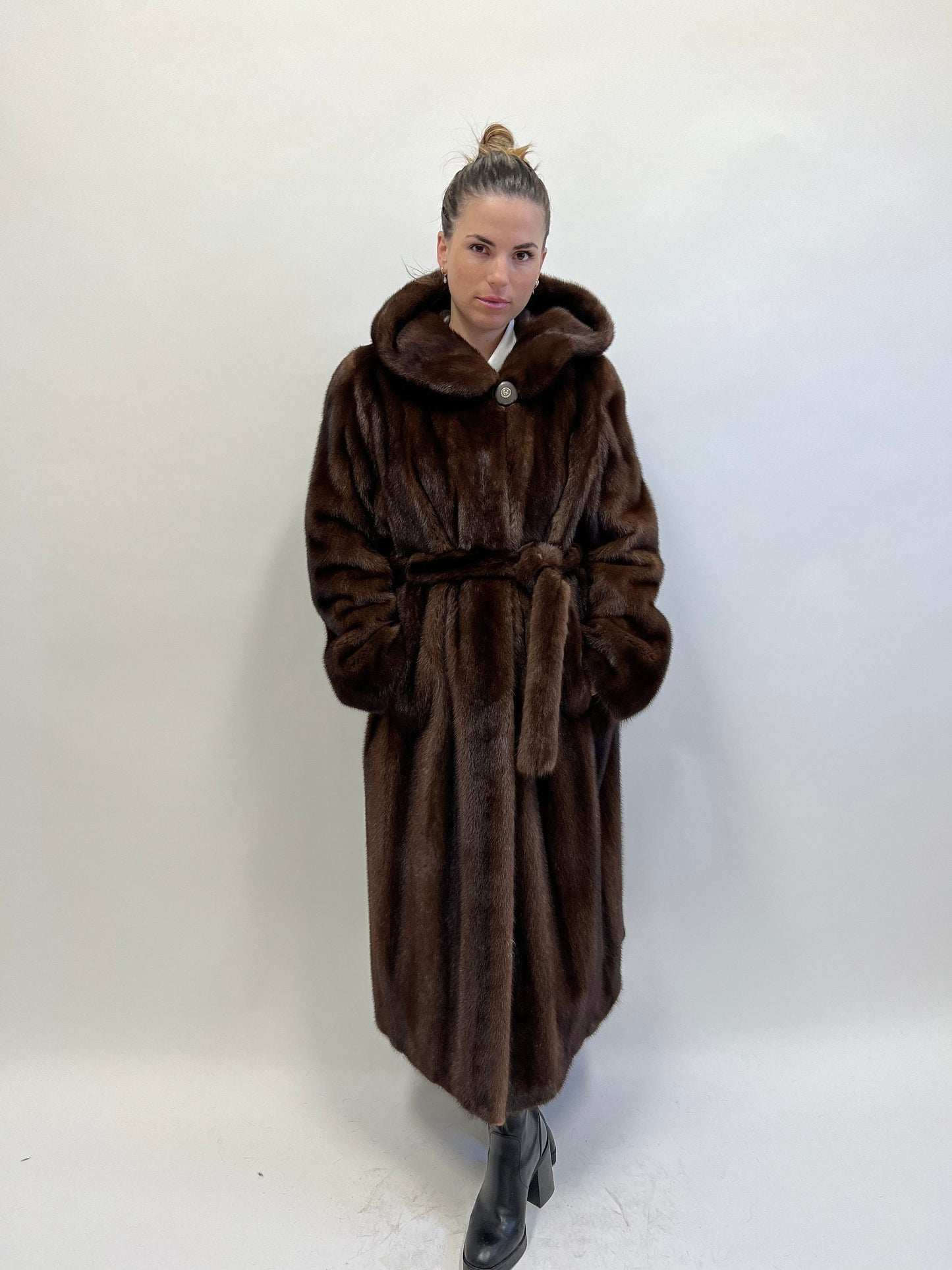 Brown Mink Fur Hooded Coat: Demi Buff Long Stroller, Belted