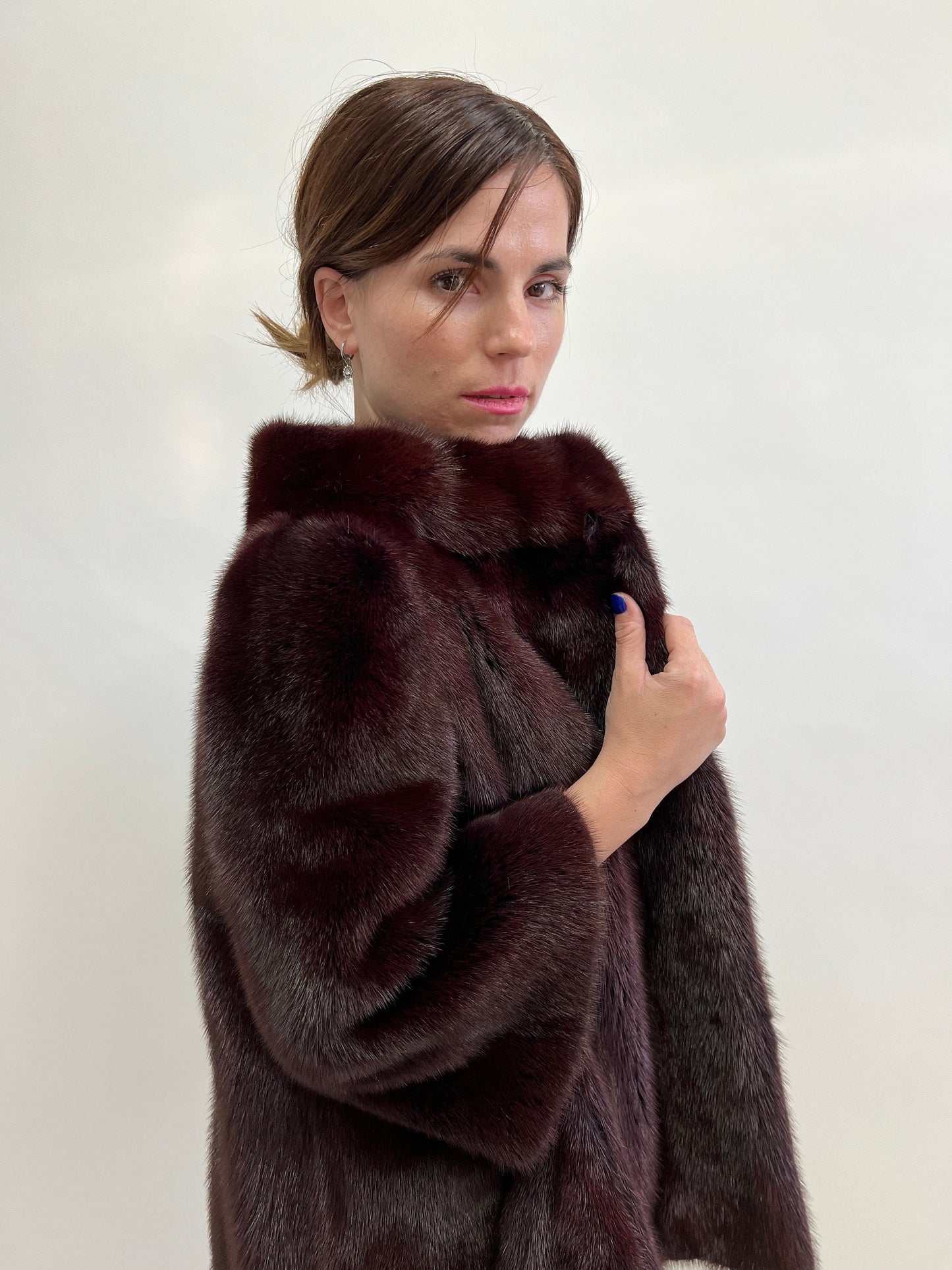 Burgundy Mink Fur Jacket: Saga Quality, Edgy Stand Up Collar