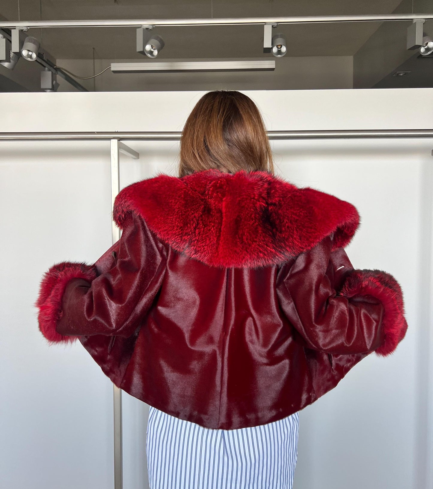 Genuine Cherry Leather Jacket: Hair-On Hide, Fox Fur Trim