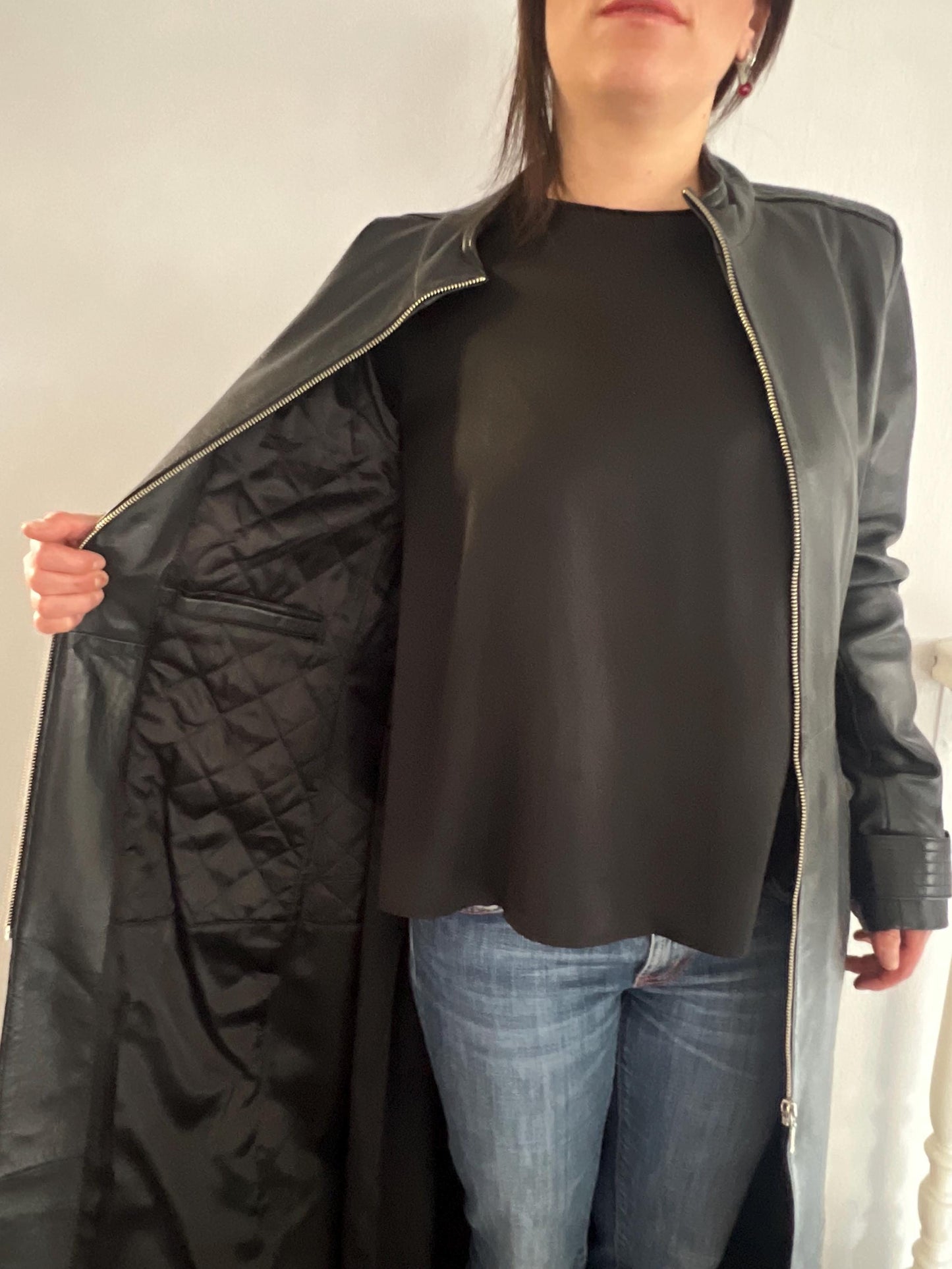 Handcrafted buttery Nappa Leather Coat with zippers and belt: Full Length Black Overcoat.