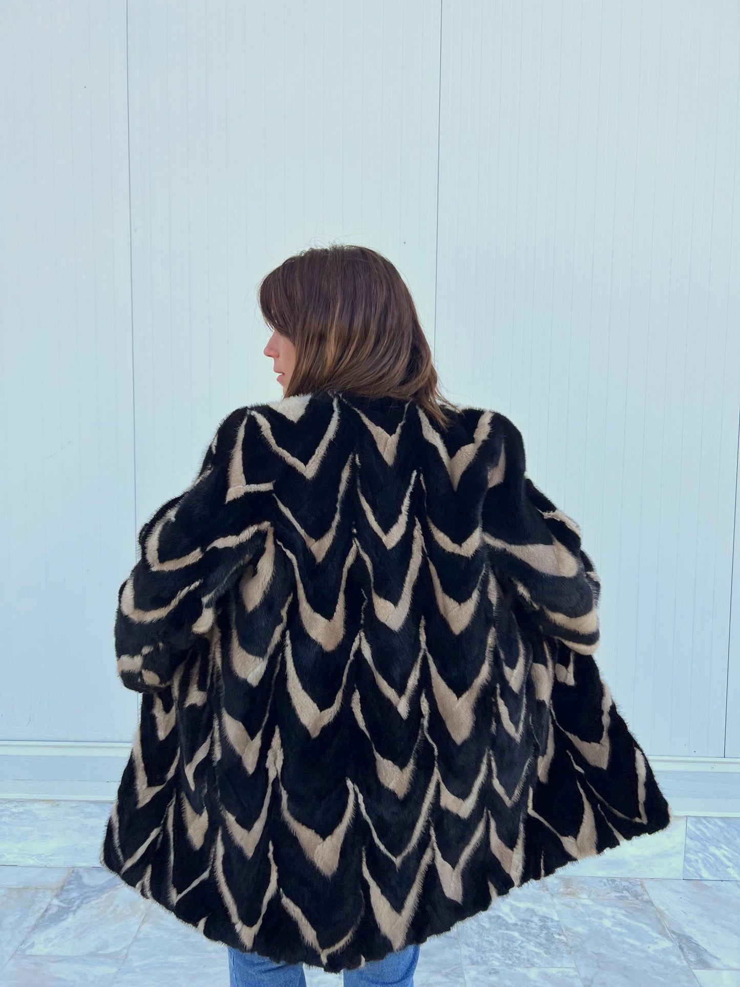 Intarsia Mink Fur Coat: Black and Beige Genuine Fur Jacket