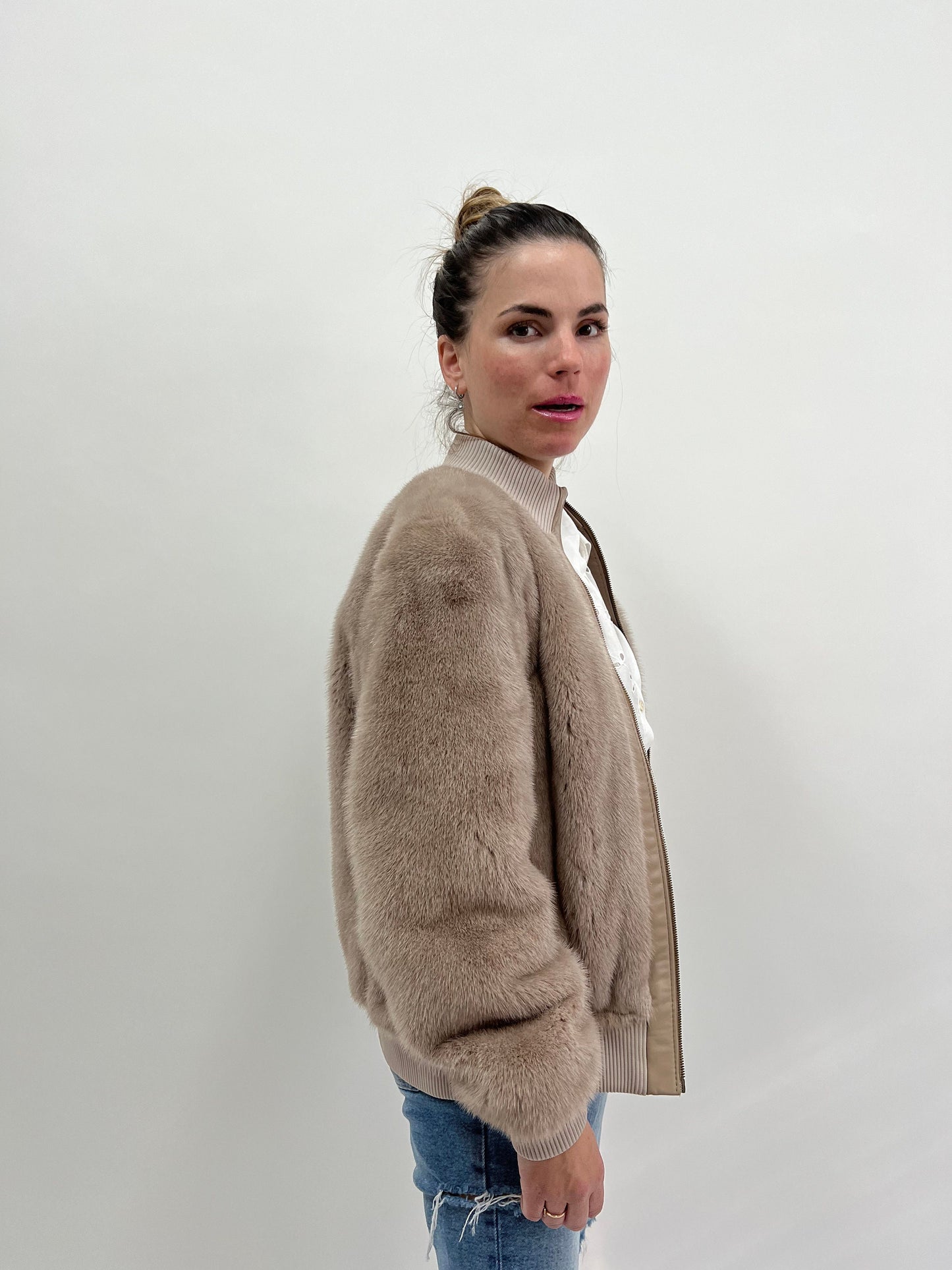 Taupe Mink Fur Bomber Jacket: Knit & Leather, Handmade in Greece