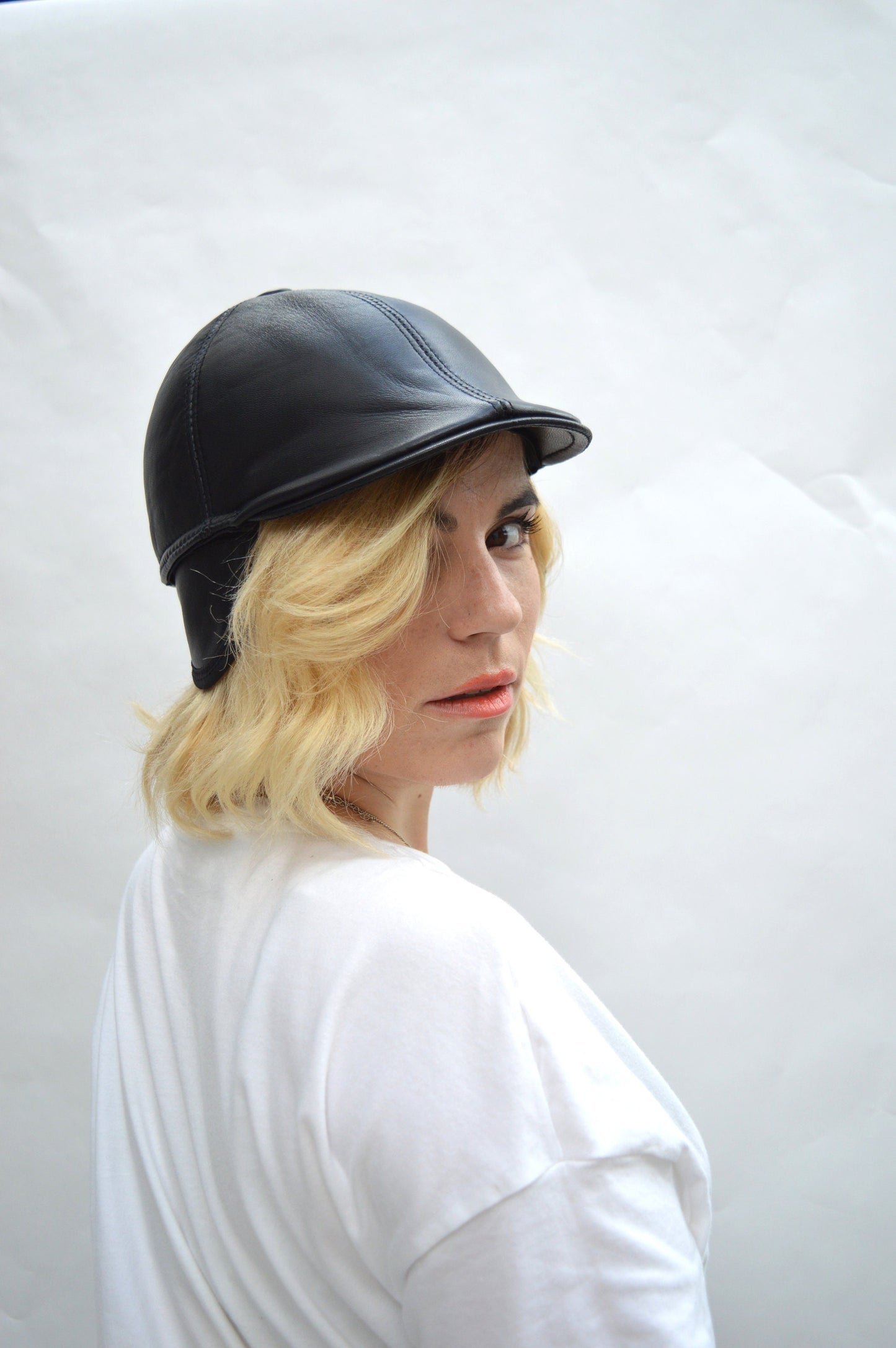 Leather Equestrian Cloche Hat: Cowhide Riding Cap with Velour Lining