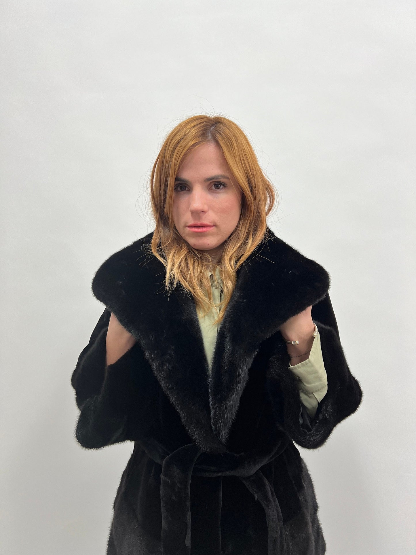 Black Sheared Mink Fur Coat with Belt & Big Collar