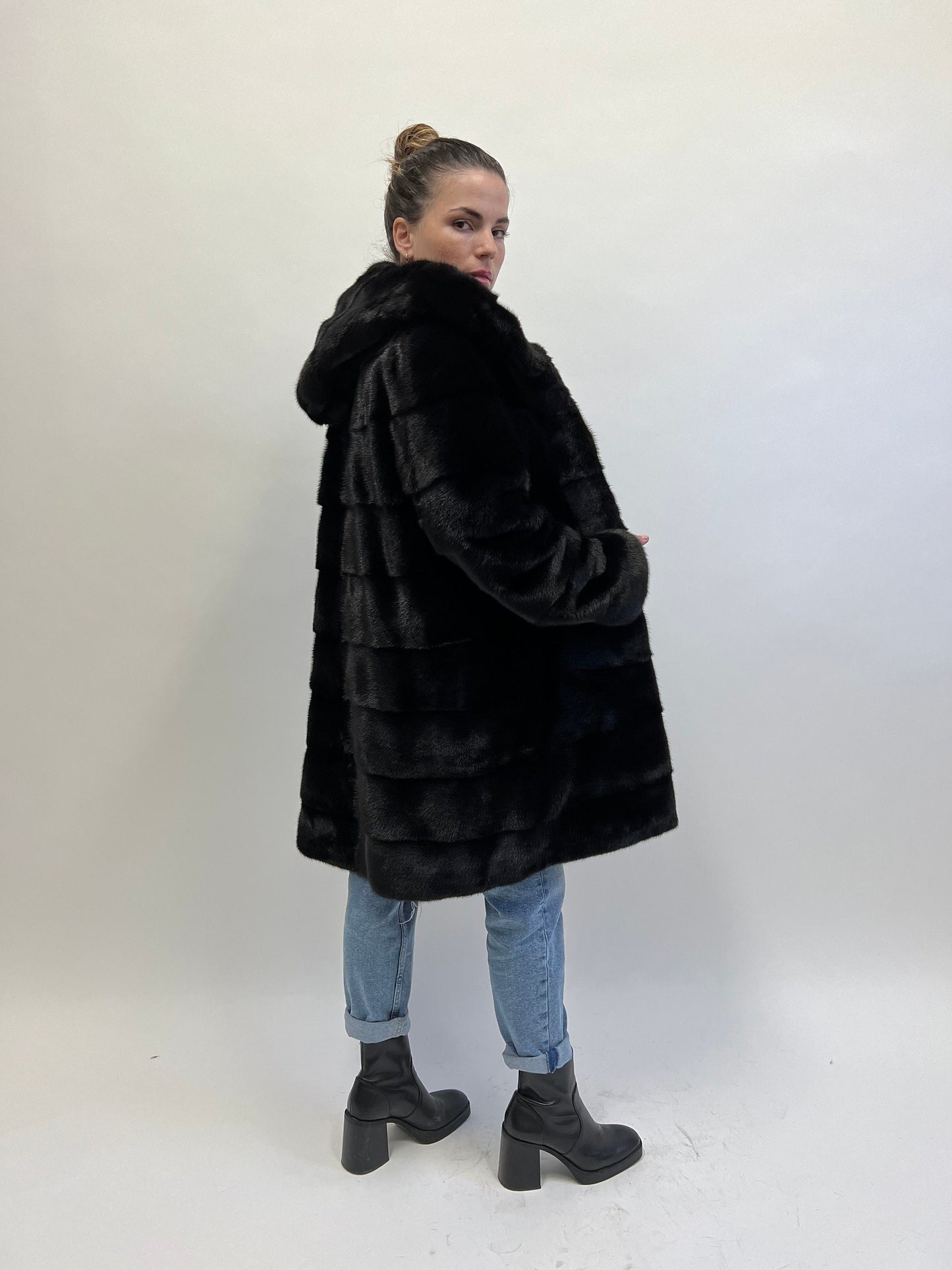 Real Mink Fur Hooded Coat: Black Full Skin Jacket