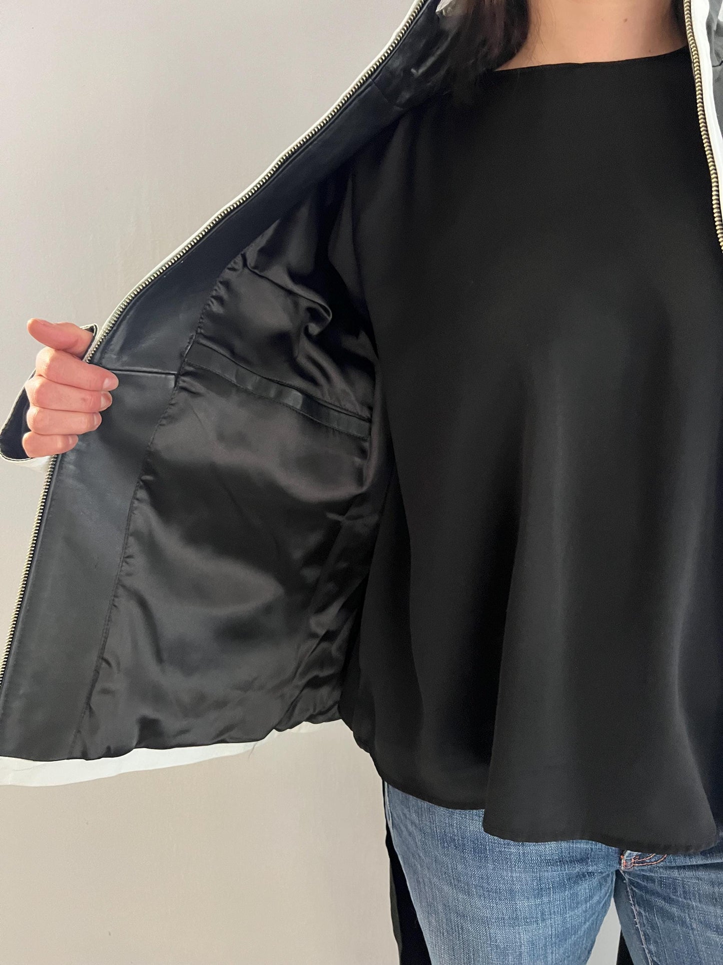 Handmade Black and White Lambskin buttery zipped up Leather Jacket - Medium