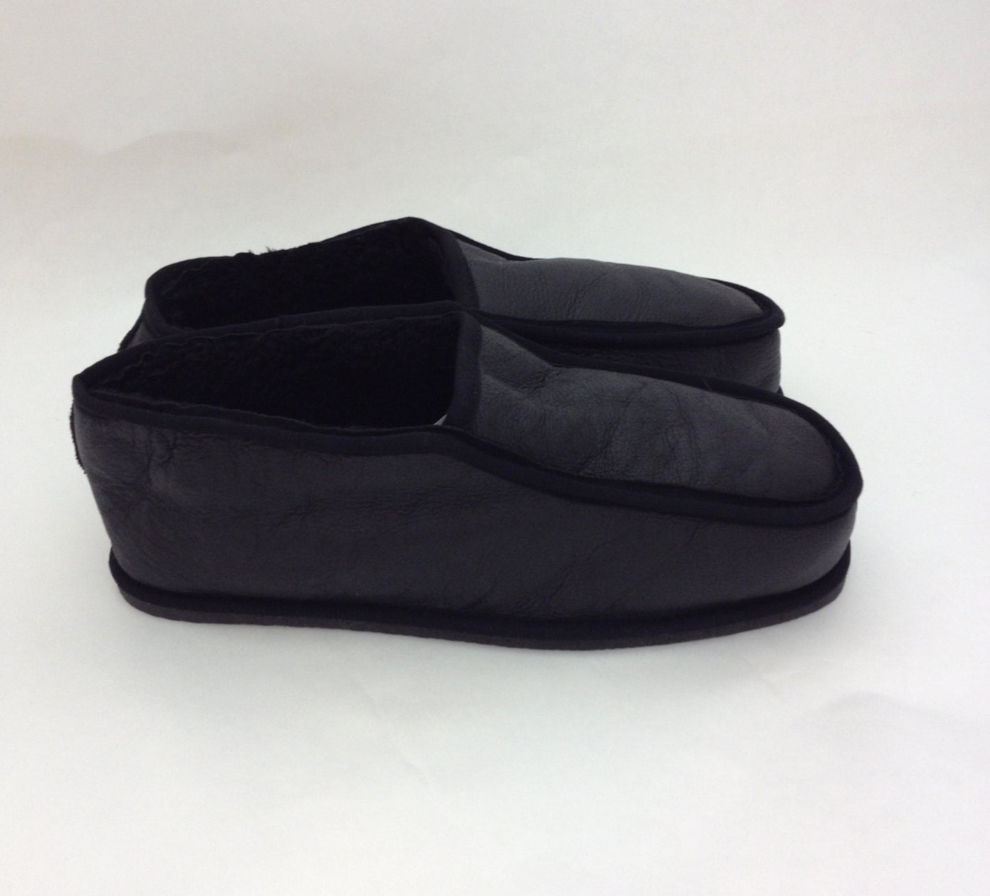 Genuine Shearling Fur Slippers for Men: Black Sheepskin Leather Slip-Ons