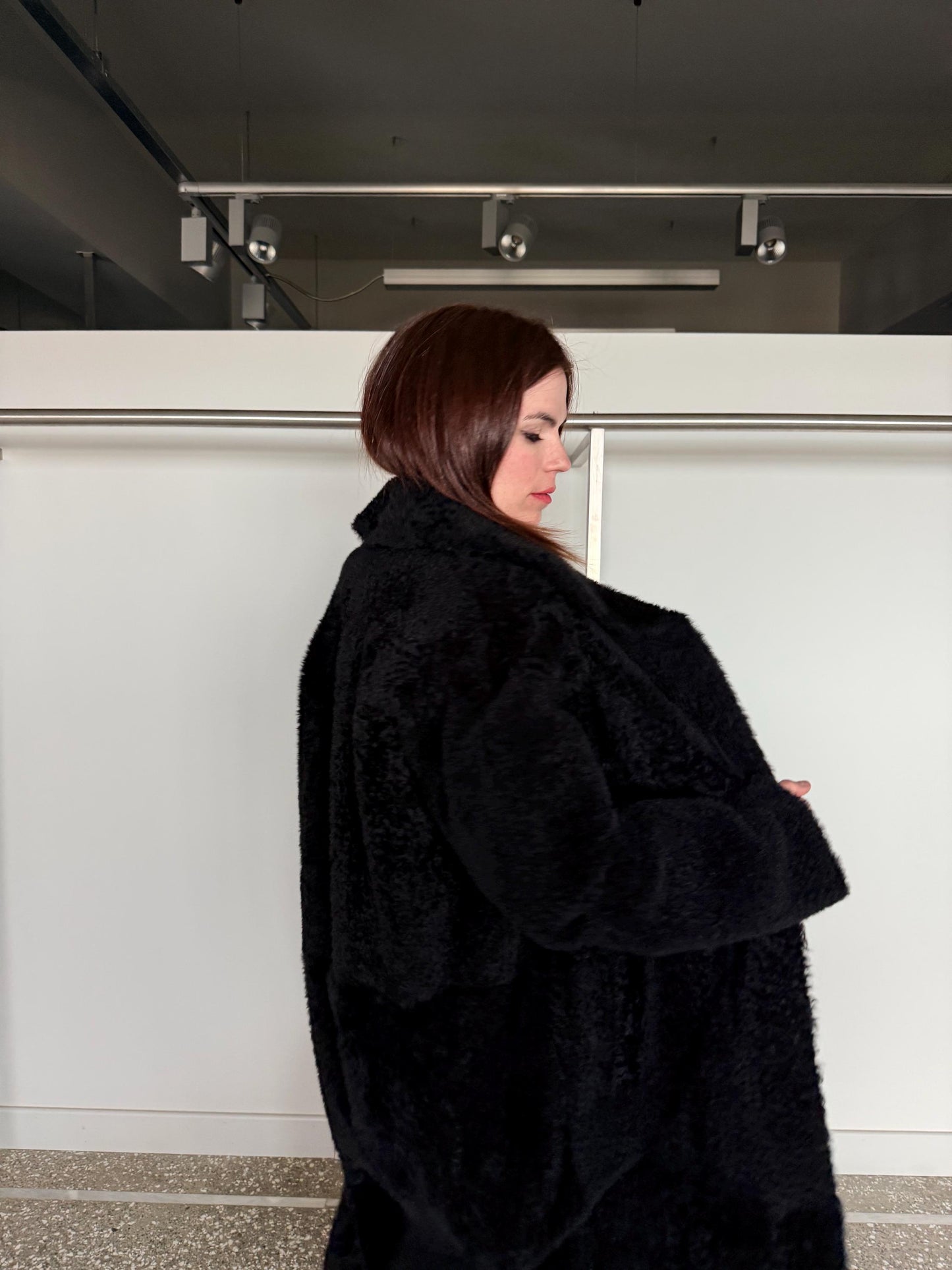 Handmade Black Shearling Fur Jacket:Long super warm Sheepskin Coat