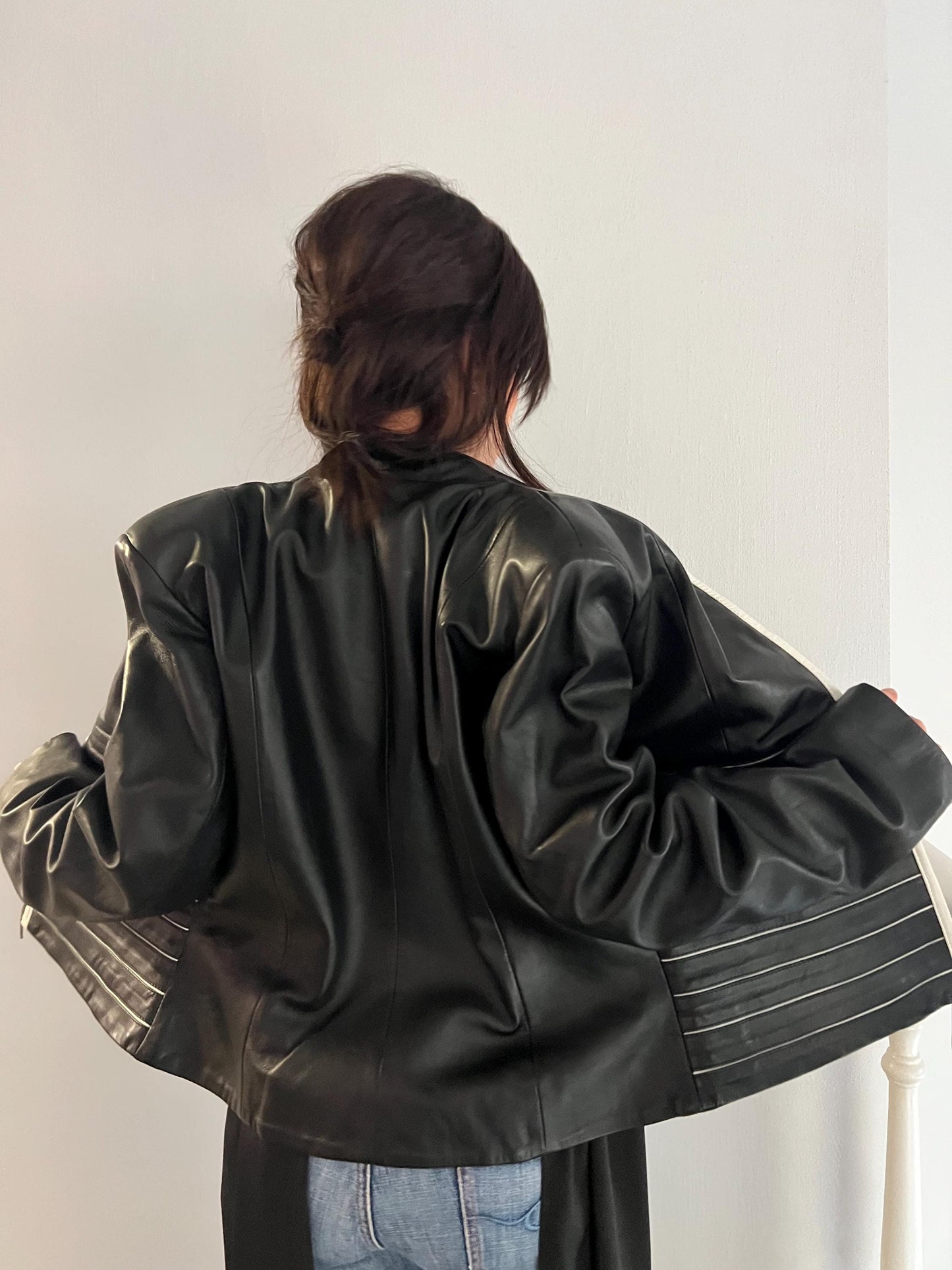 Handmade Black and White Lambskin buttery zipped up Leather Jacket - Medium