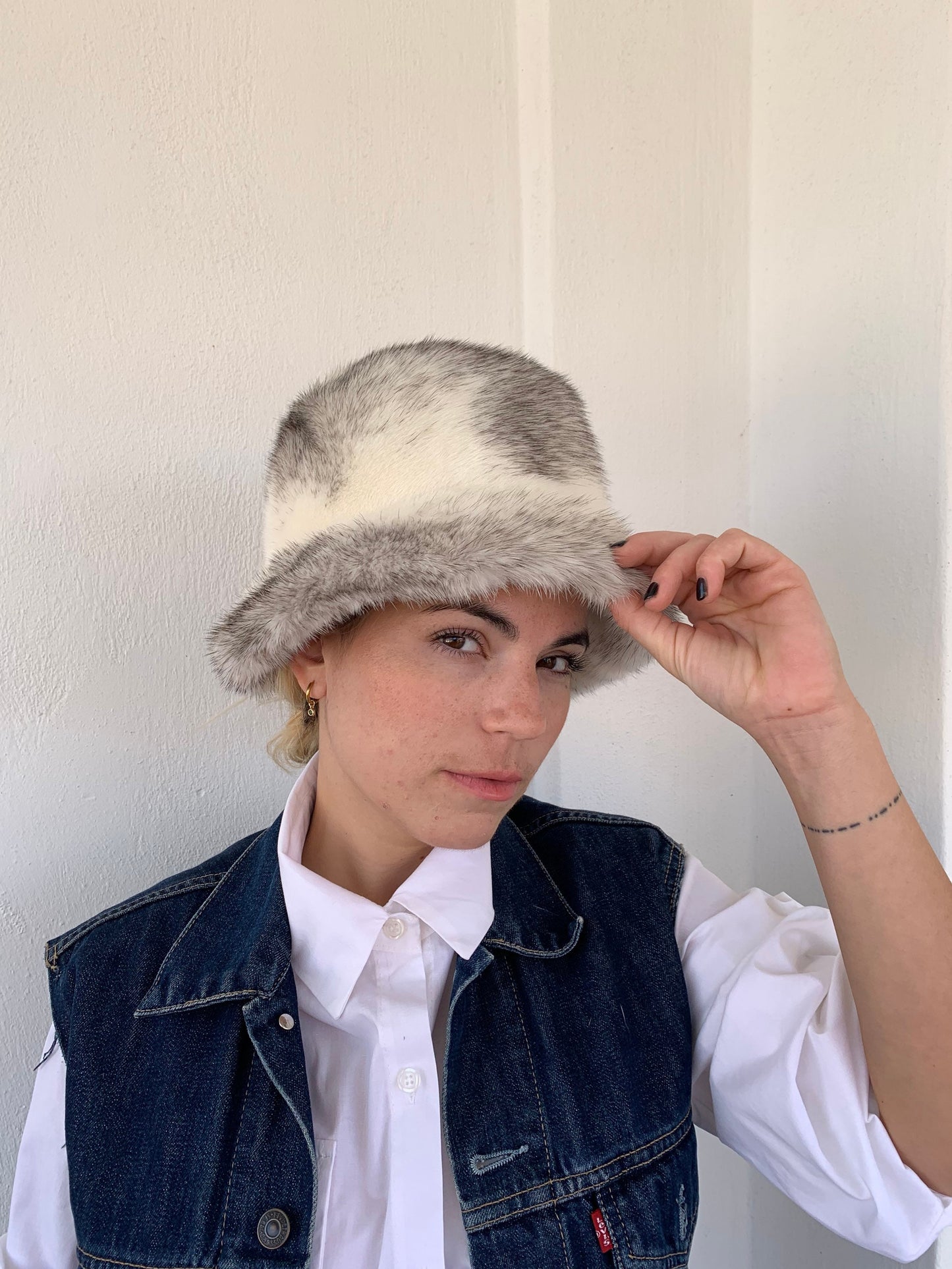 Real Mink Fur Bucket Hat: Silver Cross Design, Padded Lining