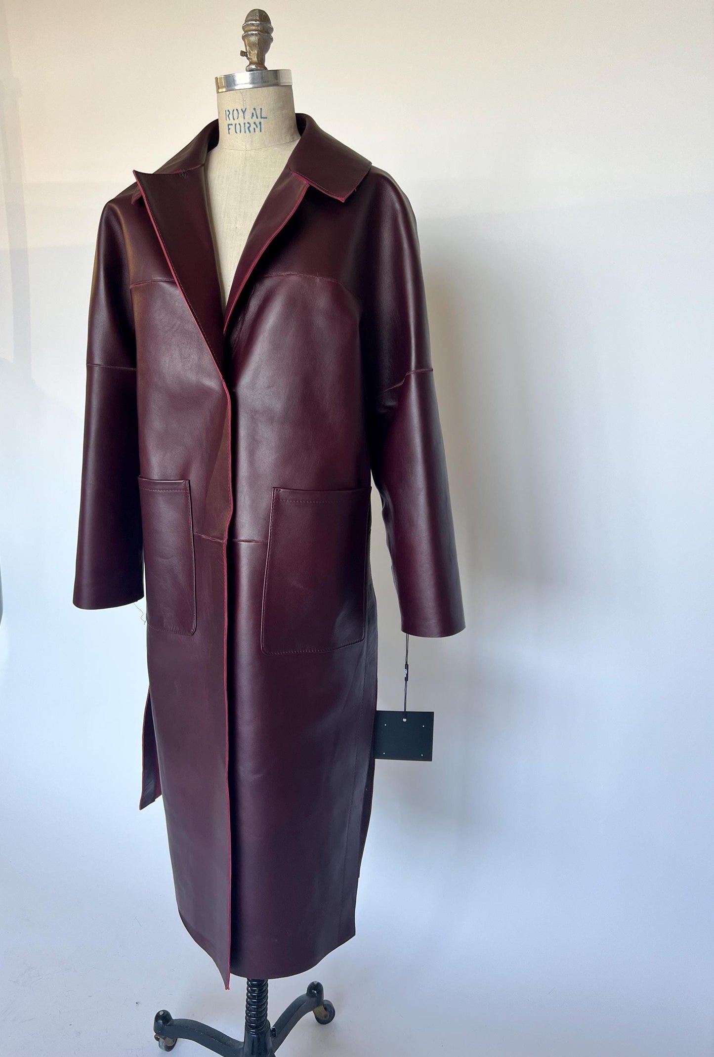 Burgundy thick Leather Coat: Oversized  Premium hide Handmade full length with slits on the sides.