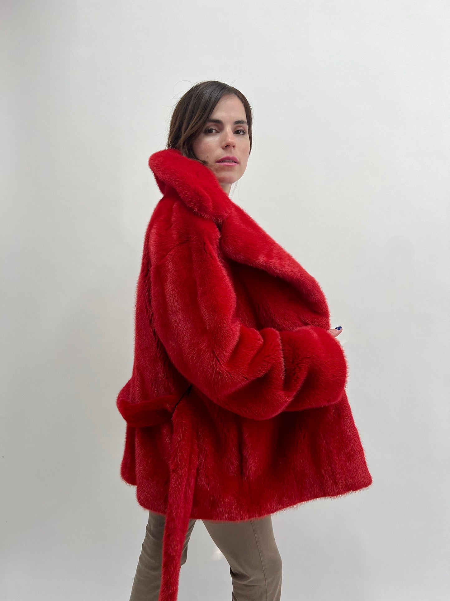 Fire Red Mink Fur Coat: Saga Quality Belted Jacket