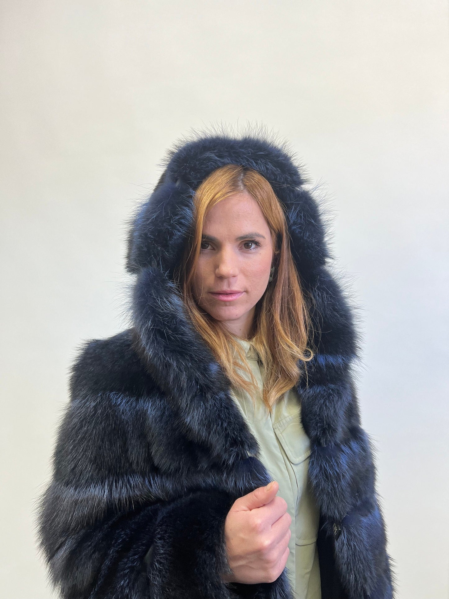 Genuine Blue Raccoon Fur Hooded Jacket: Leather Trim, Size Small