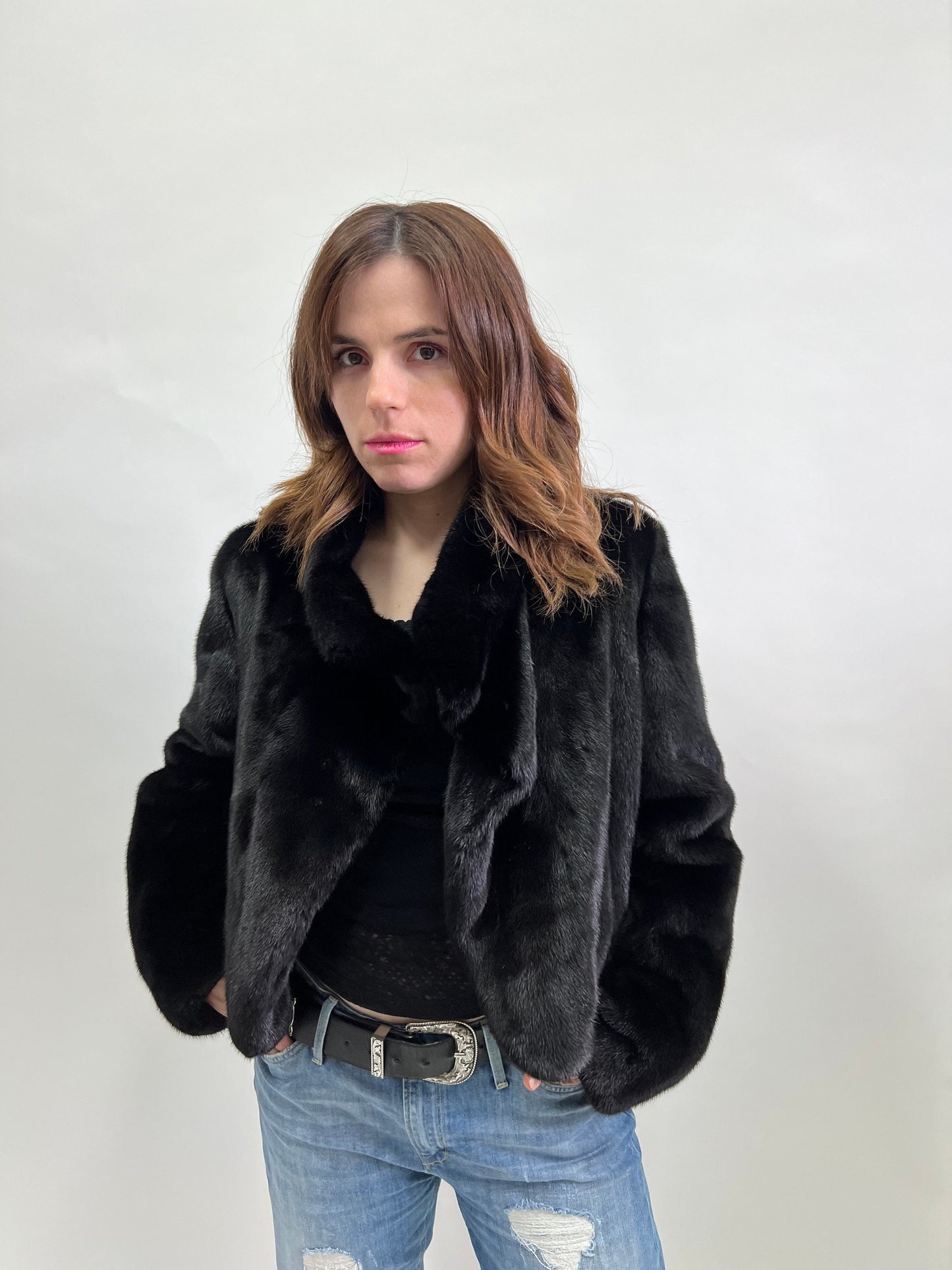 Mink Fur Bolero Jacket: Black Collared Copenhagen Fur, Size Small