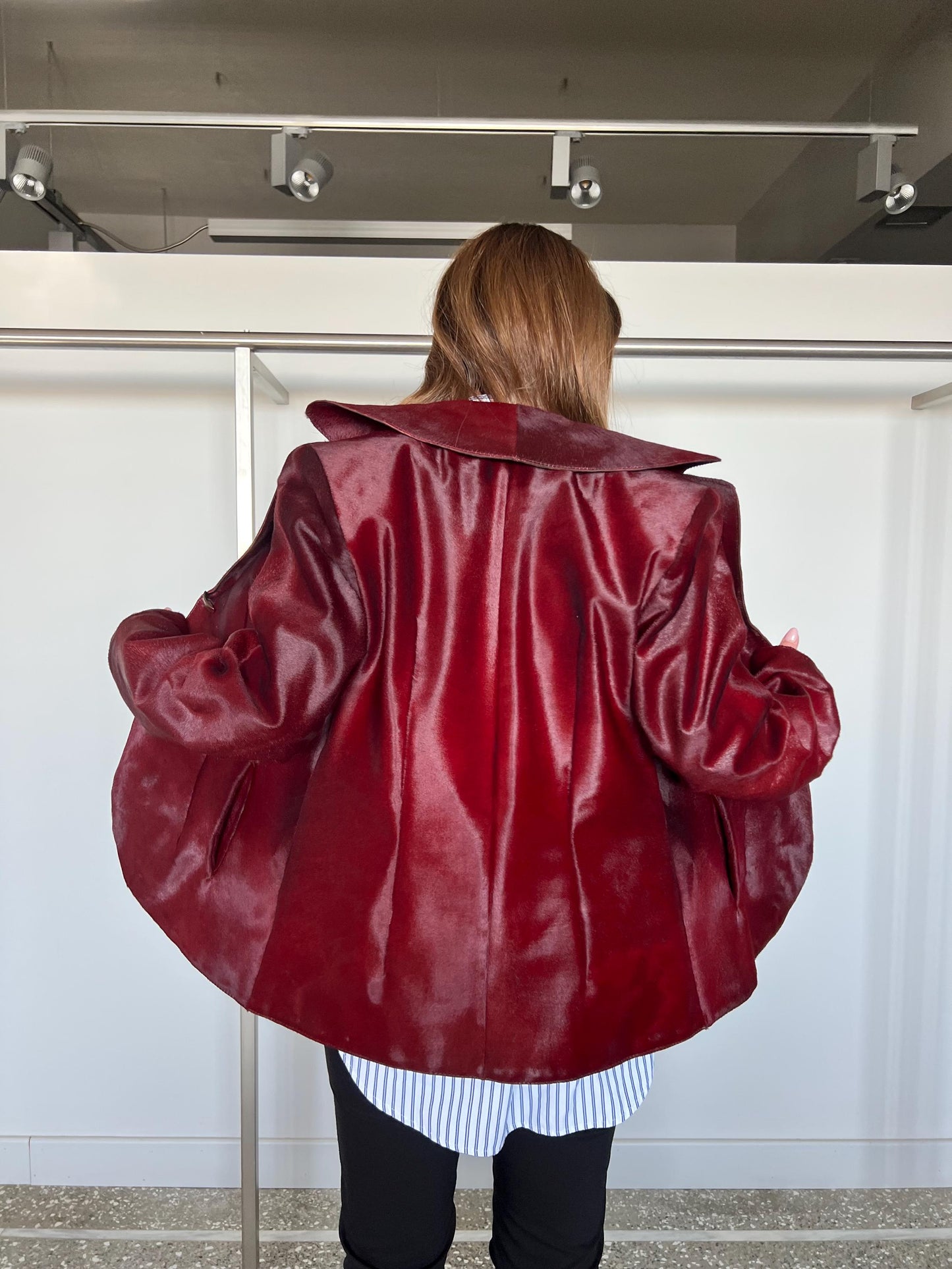 Genuine Cherry Hair-on Hide Leather Coat - Calf Cavallino Jacket