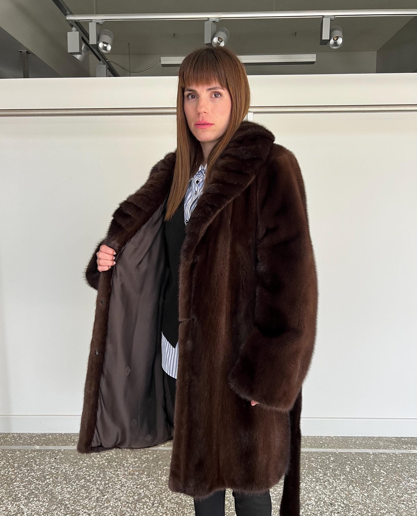 Choco Brown Mink Fur Coat: Big Collar Belted Stroller, Handmade in Greece