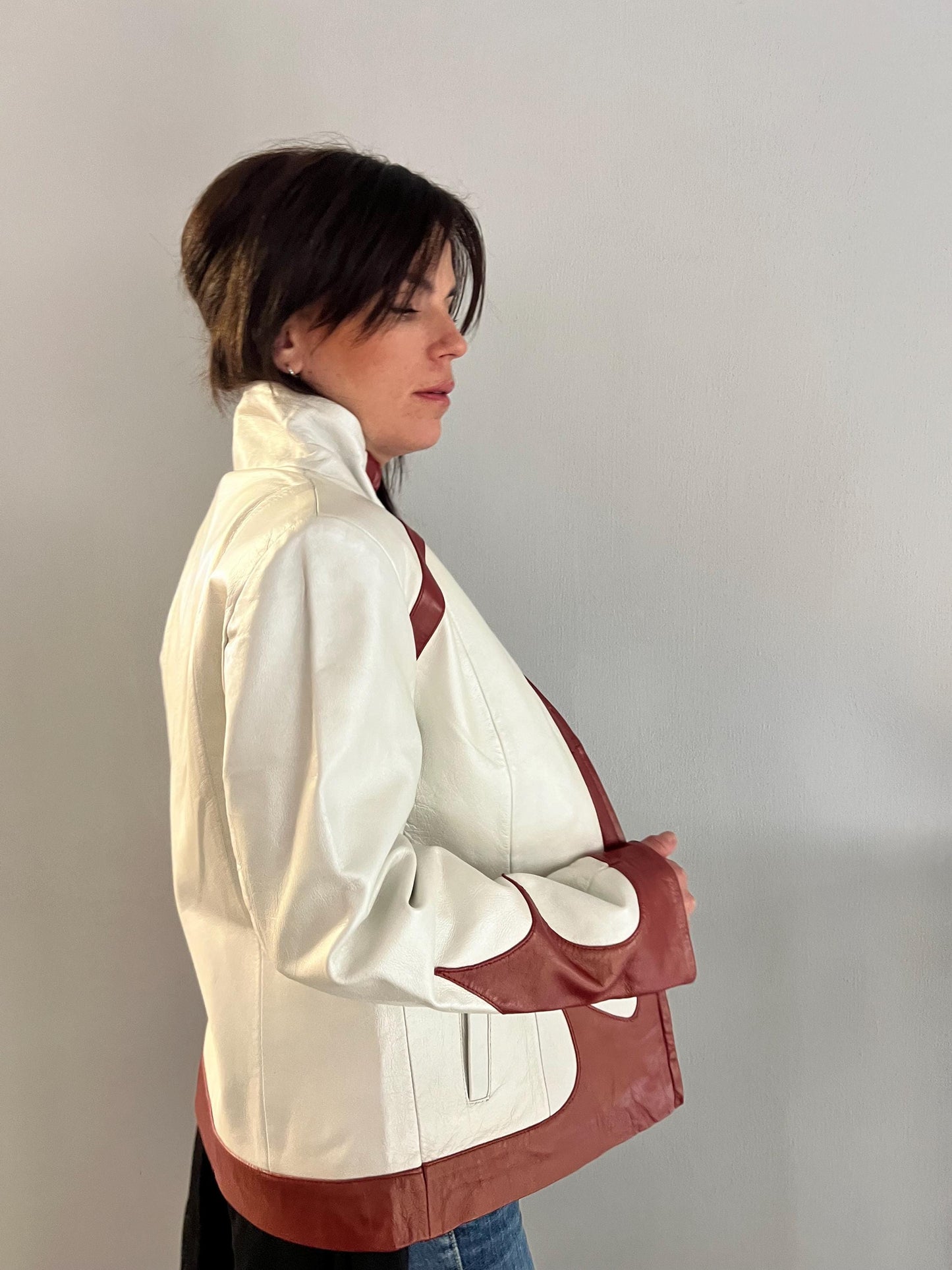 Handmade Lambskin Leather Jacket: Cream White Nappa with Bordeaux Details (XS)