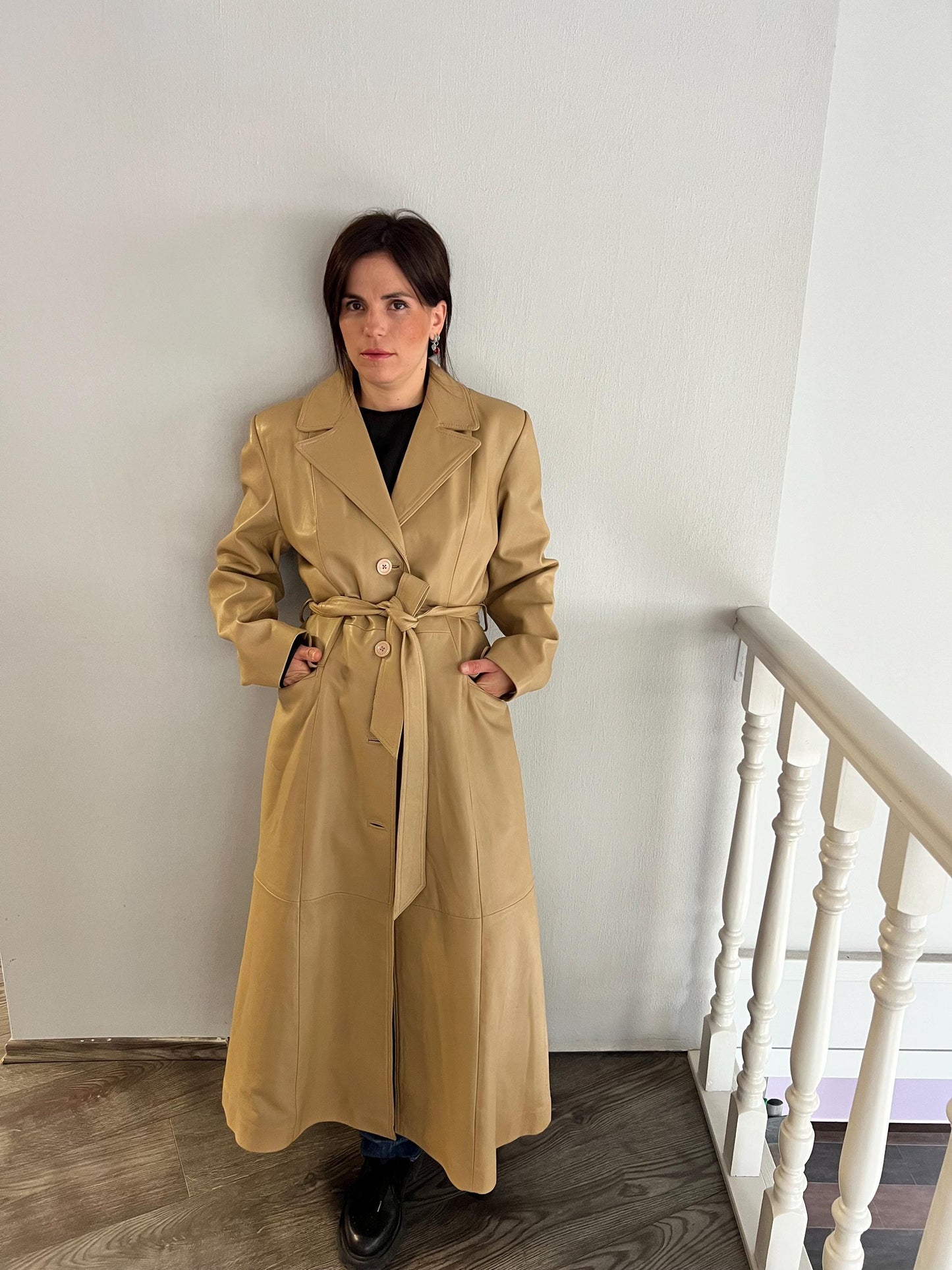 Handmade Nappa Lamb buttery  Leather Coat: Genuine Camel Leather Tie-Wrap, Made in Greece