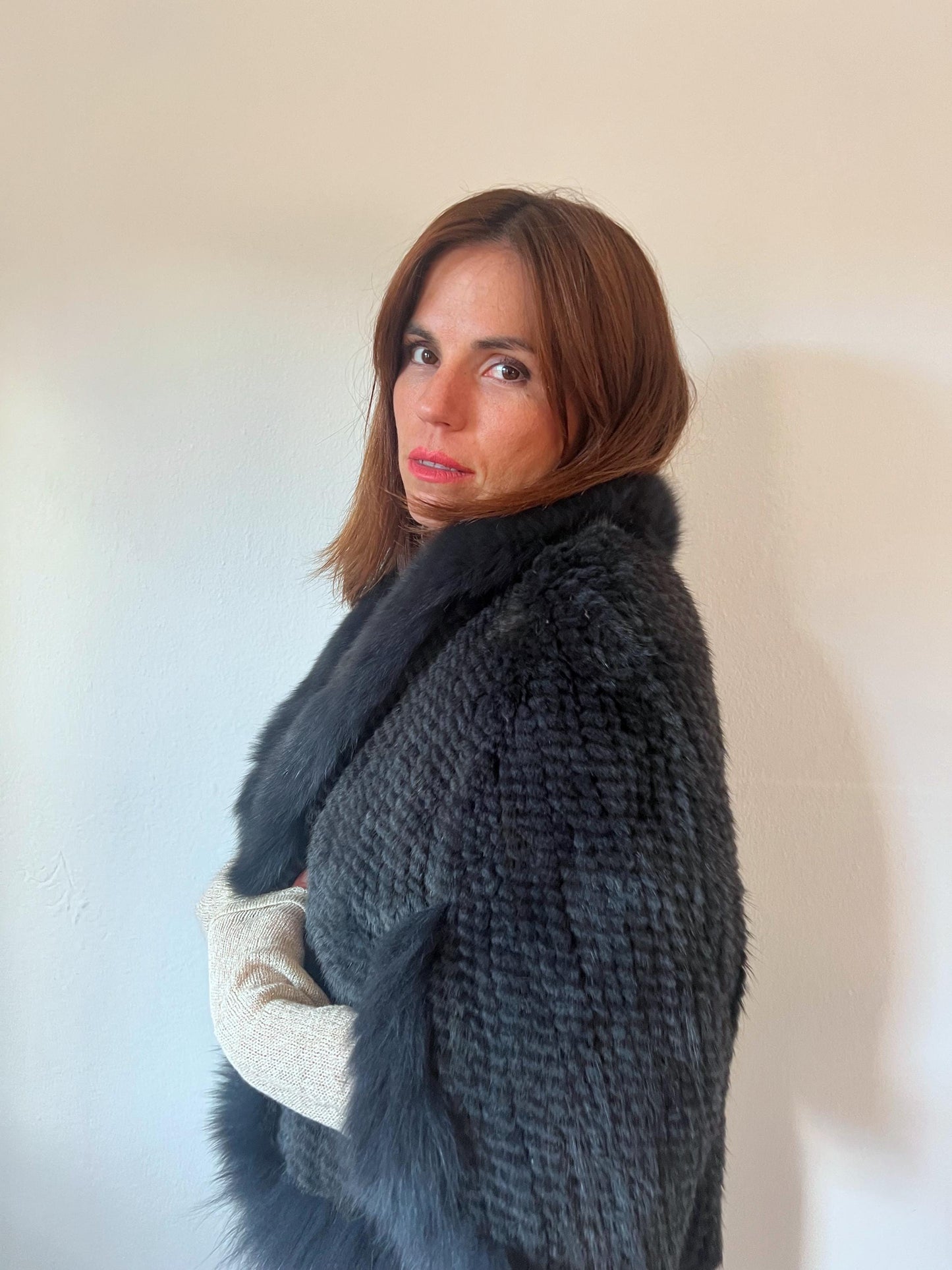 Handwoven Mink Fur Cape: Midnight Blue Fox Trim Jacket
