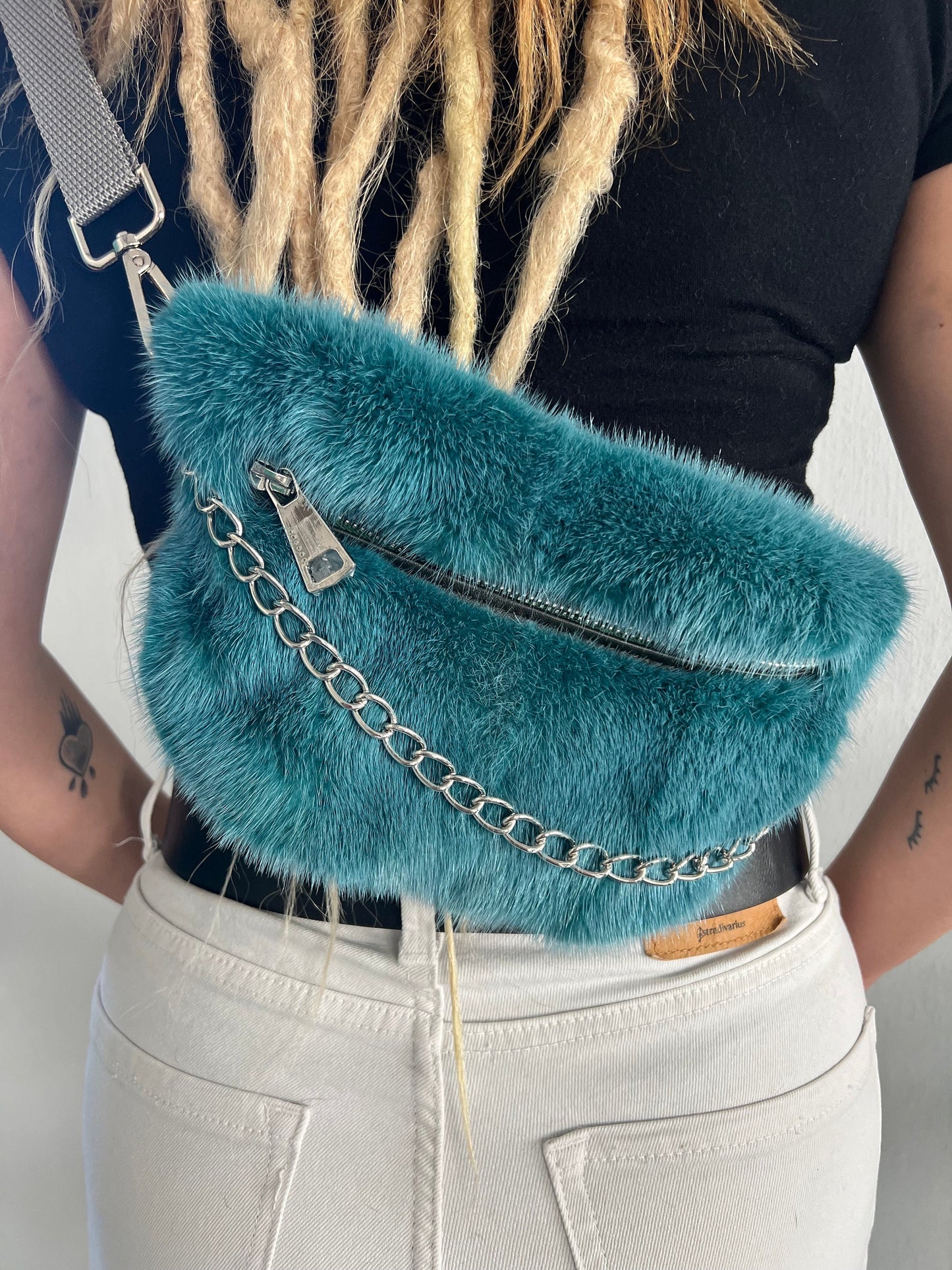 Real Mink Fur Bumbag: Petrol Fanny Pack with Chain
