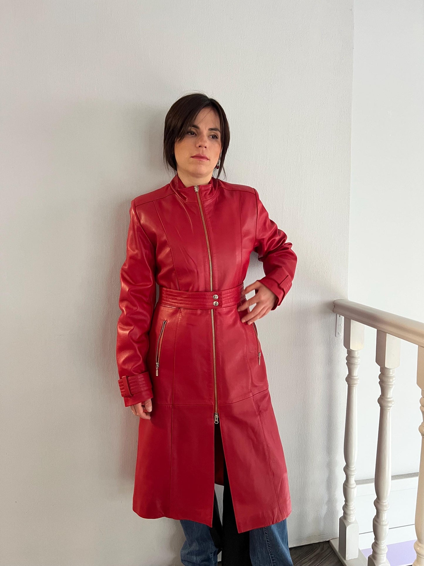 Handmade Red buttery Nappa Lambskin Leather Coat: Belted Warm Lining