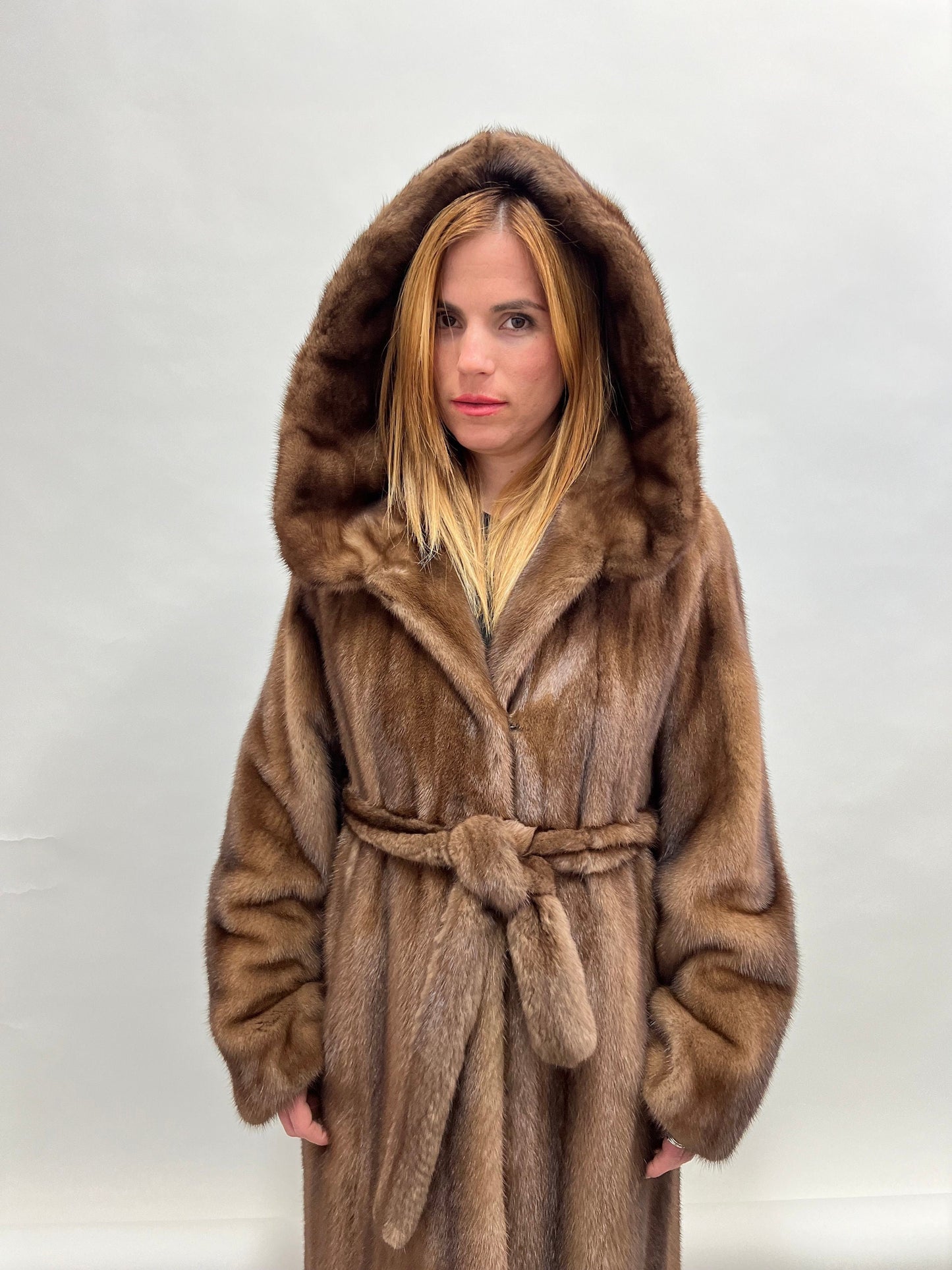 Handmade Brown Mink Fur Hooded Coat - Demi Buff Pelts, Made in Greece