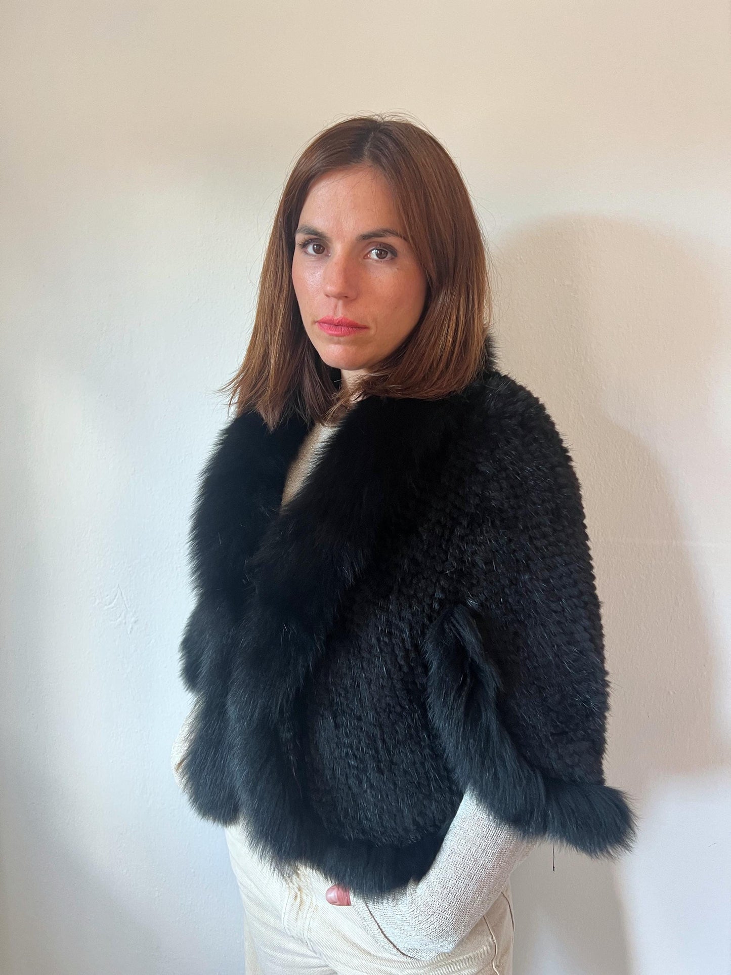 Handwoven Black Mink Fur Cape with Fox Trim - Made in Greece
