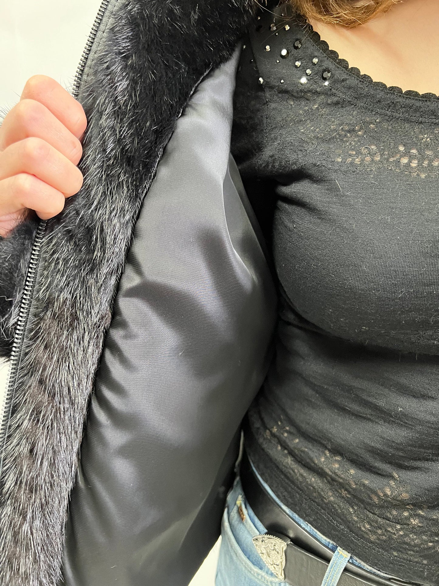 Real Mink Fur Hooded Bomber Jacket - Leather Trim, Size Medium