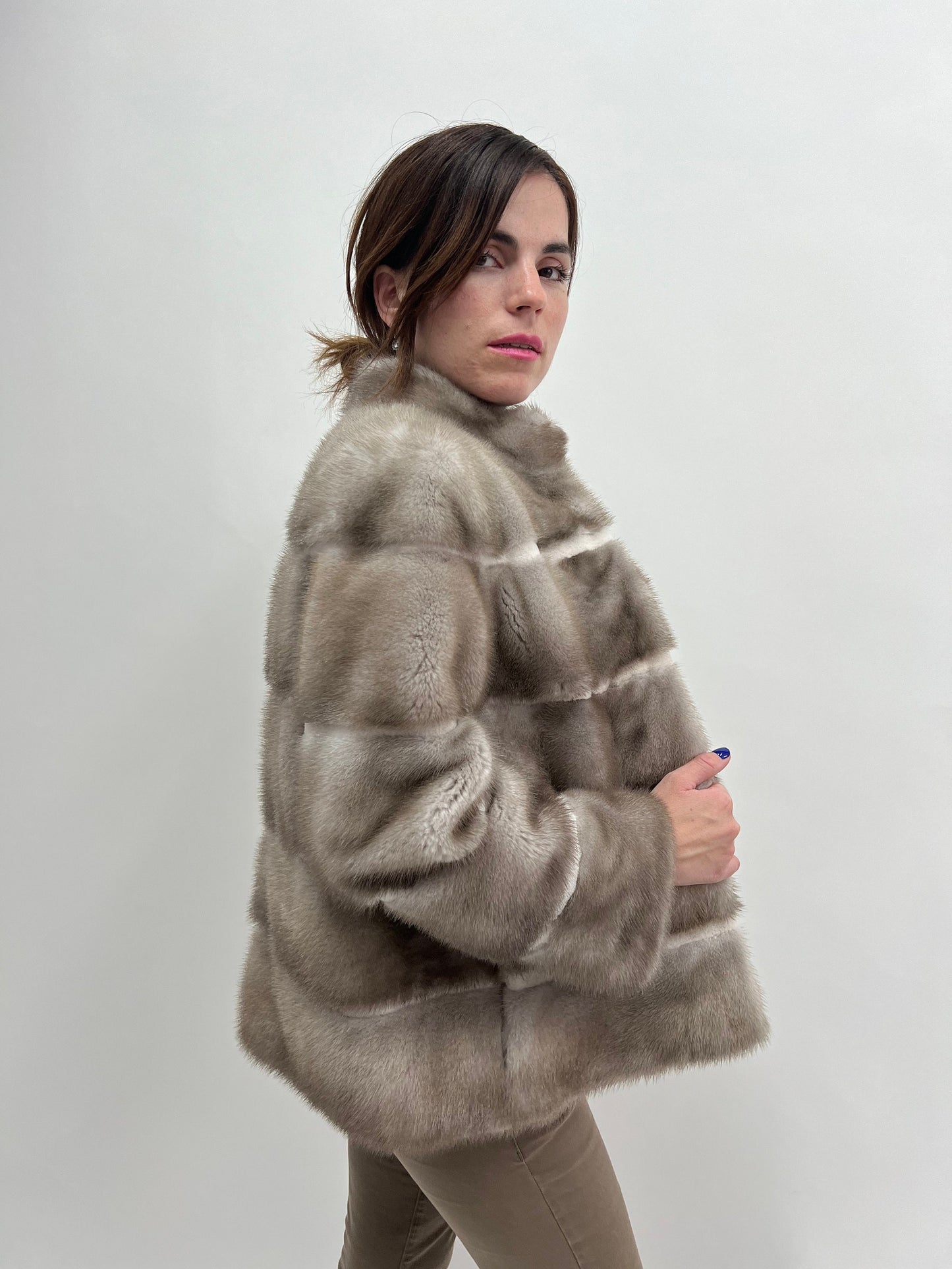 Silver Mink Fur Stroller Jacket with Sheared Mink Trim