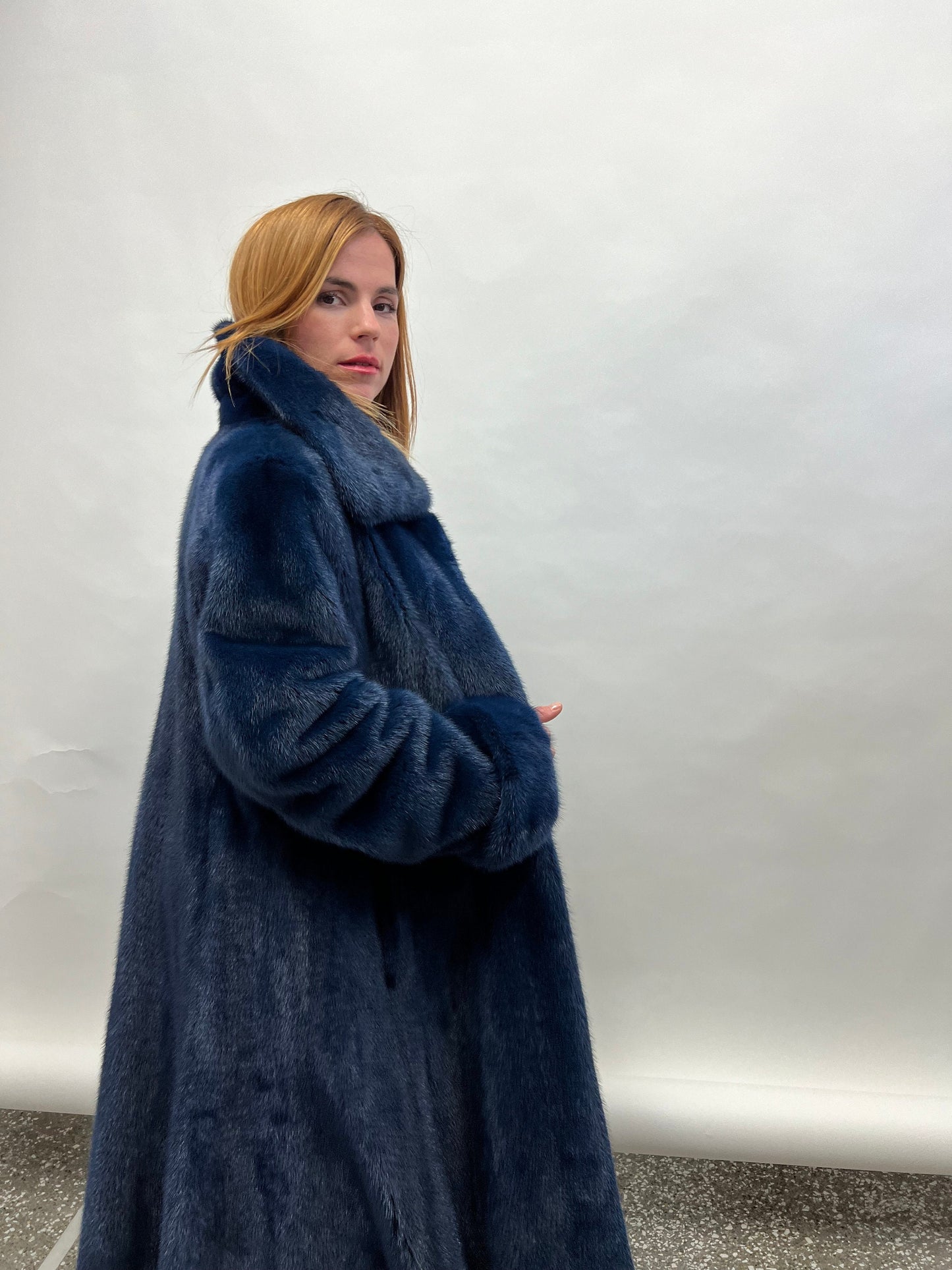 Navy Blue Mink Fur Godet Coat - Handmade in Greece