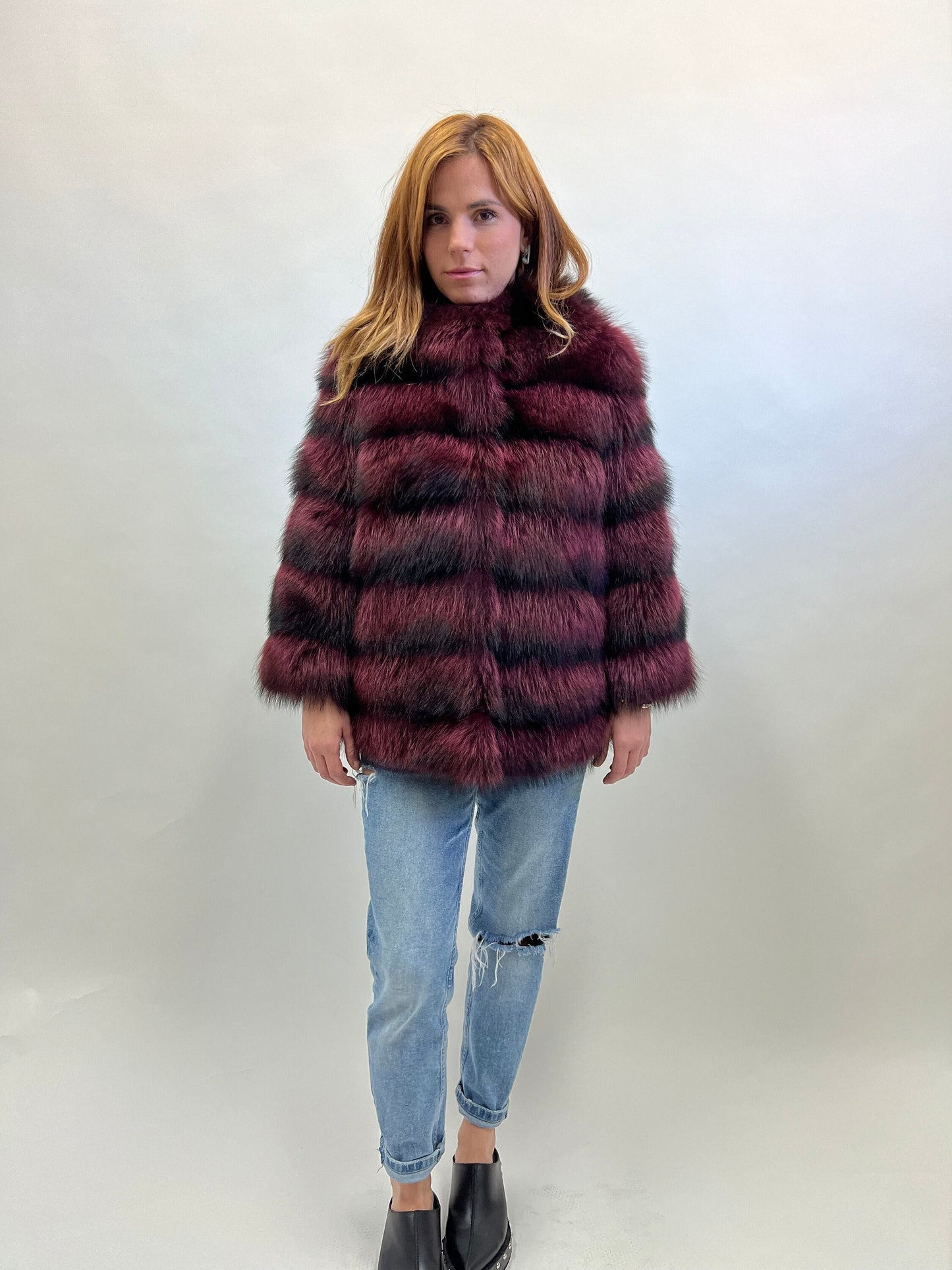 Burgundy Raccoon Fur Jacket: Leather Trim, Warm Winter Coat