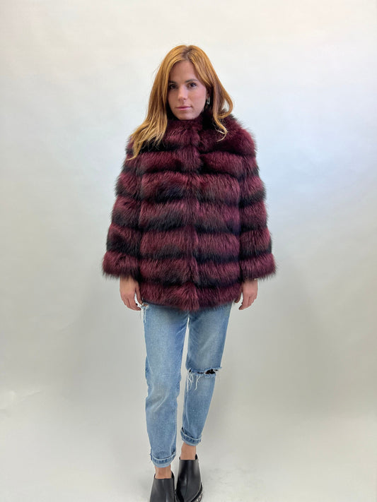 Burgundy Raccoon Fur Jacket: Leather Trim, Warm Winter Coat